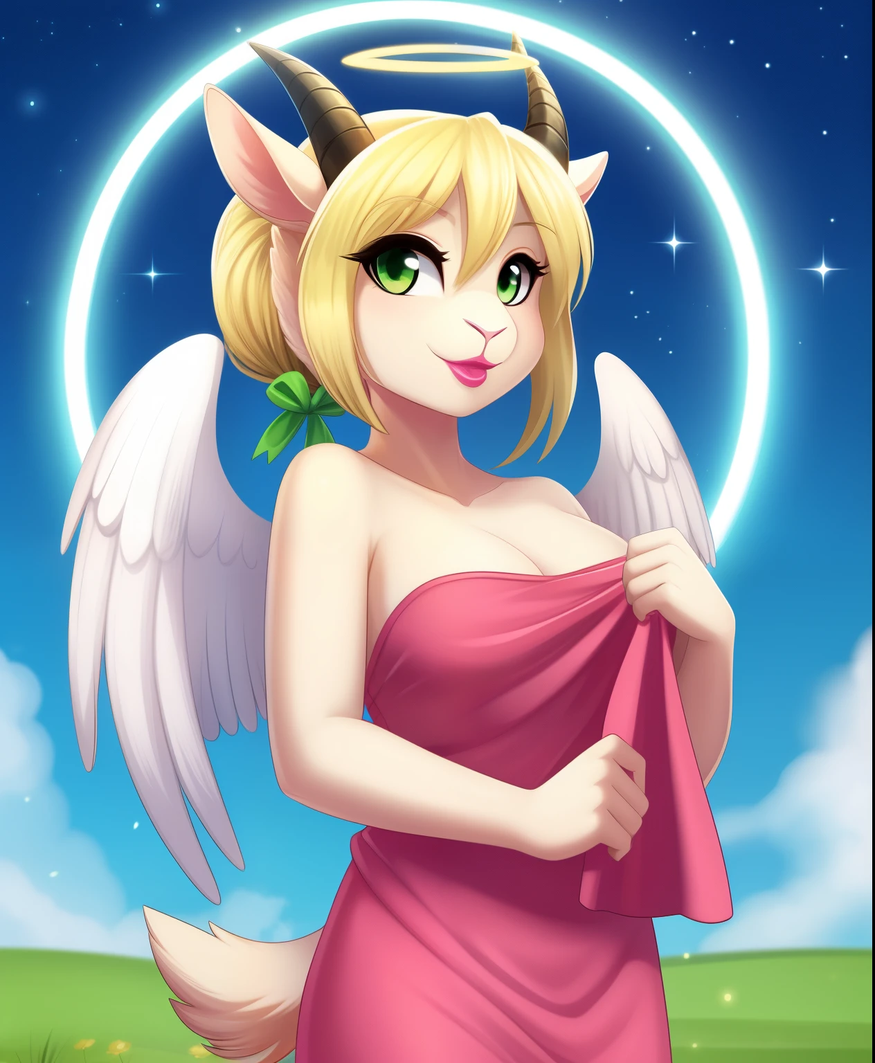 Female blonde anthro goat as an angel, green ponytail hair, halo, black soft horns, holding a towel, pink shiny lipstick