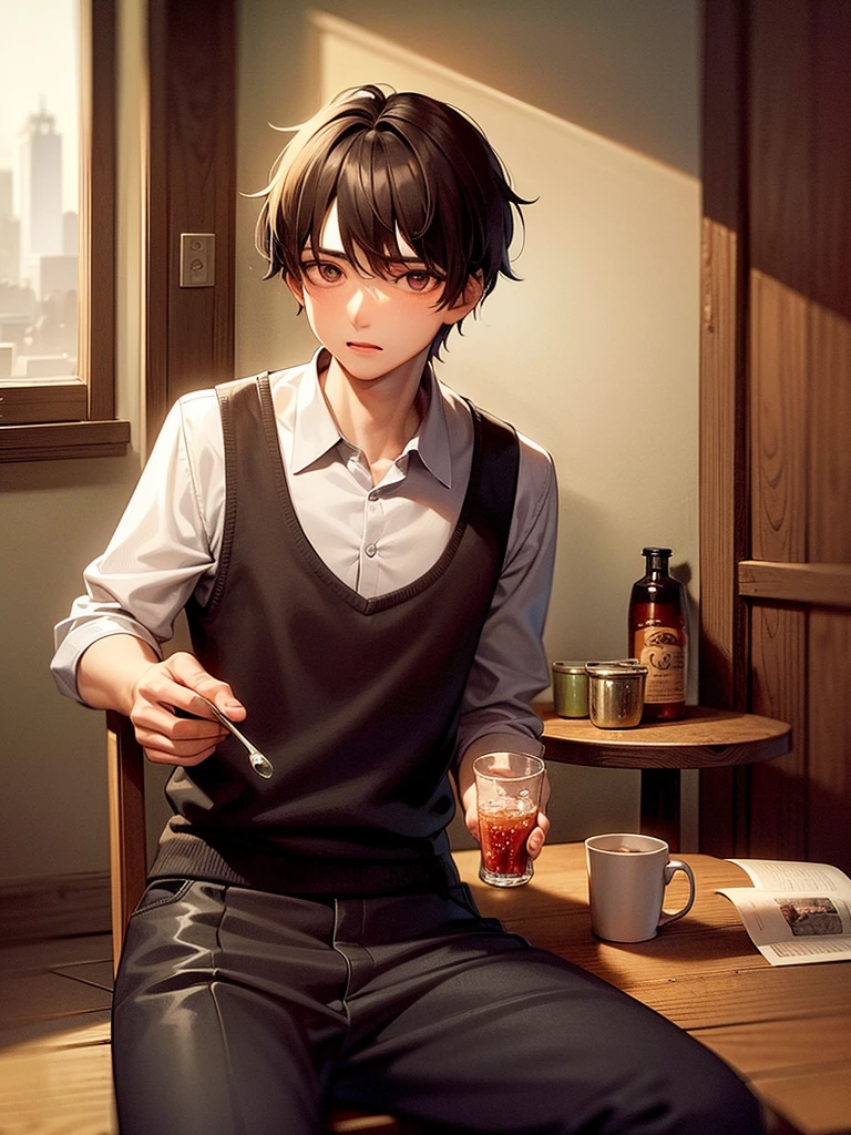 (Best Quality, Masterpiece:1.2), random guy, 20years old, a perfect face, sad face, sicko, sits on a chair, holding cup of tea, a table, table in front of him, jar of jam on the table, (pills on the table:1.1), rain outside the window, thermometer on the table