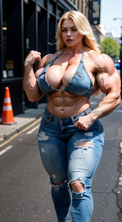 A HD 4K Photo of a beautiful, huge, enormous, buff, giant, Russian, Female bodybuilder, muscle goddess, huge arms and huge legs, giant boobs, enormous muscles, big beautiful eyes, long hair, walking barefoot at a protest in London, wearing a ripped denim jacket and ripped denim shorts, photorealistic