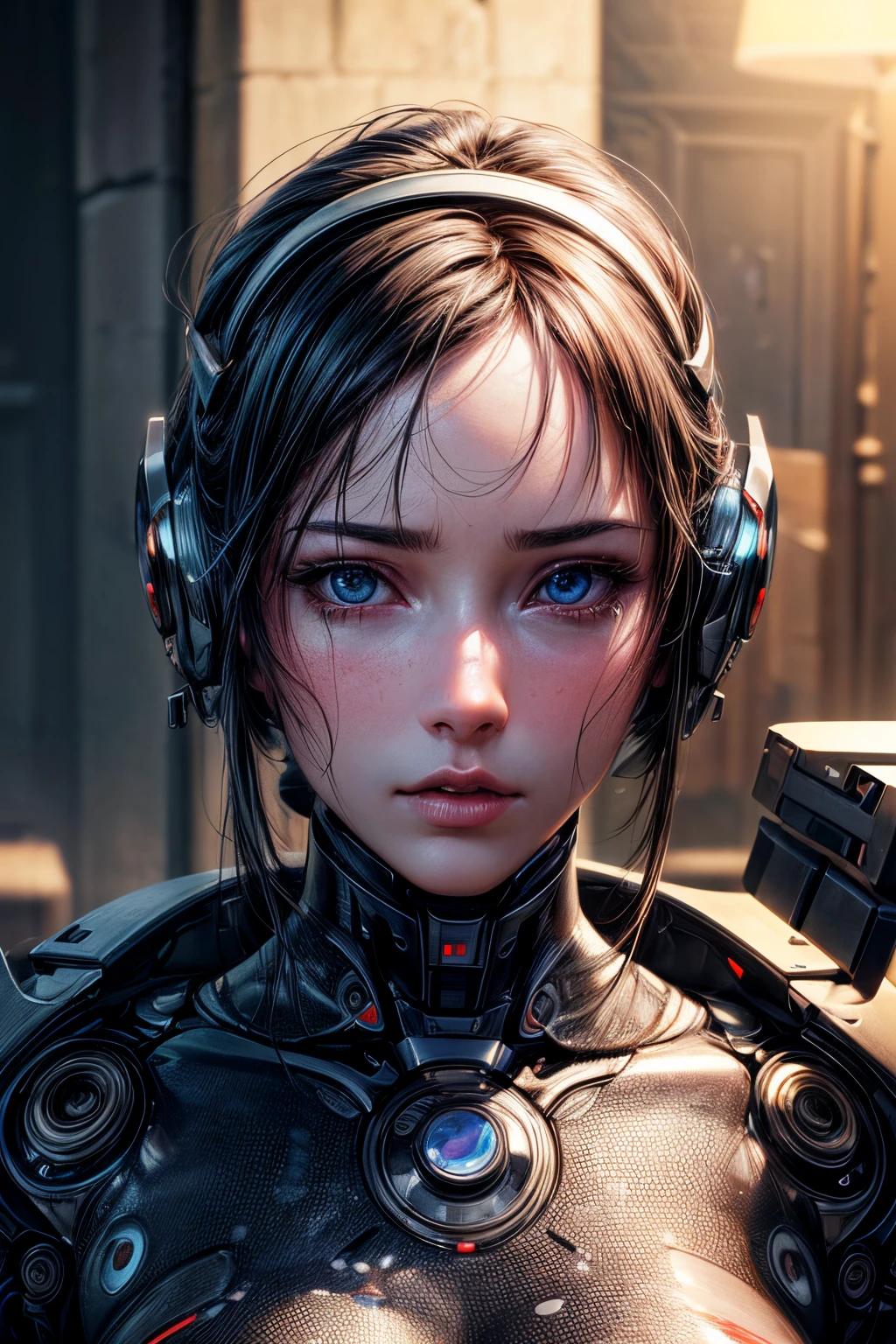(best quality,4k,highres,masterpiece:1.2),ultra-detailed,(realistic,photo-realistic:1.37),beautiful android woman with robotic parts and human skin trying to discover emotions,color manga style,panoramic view,extremely detailed
