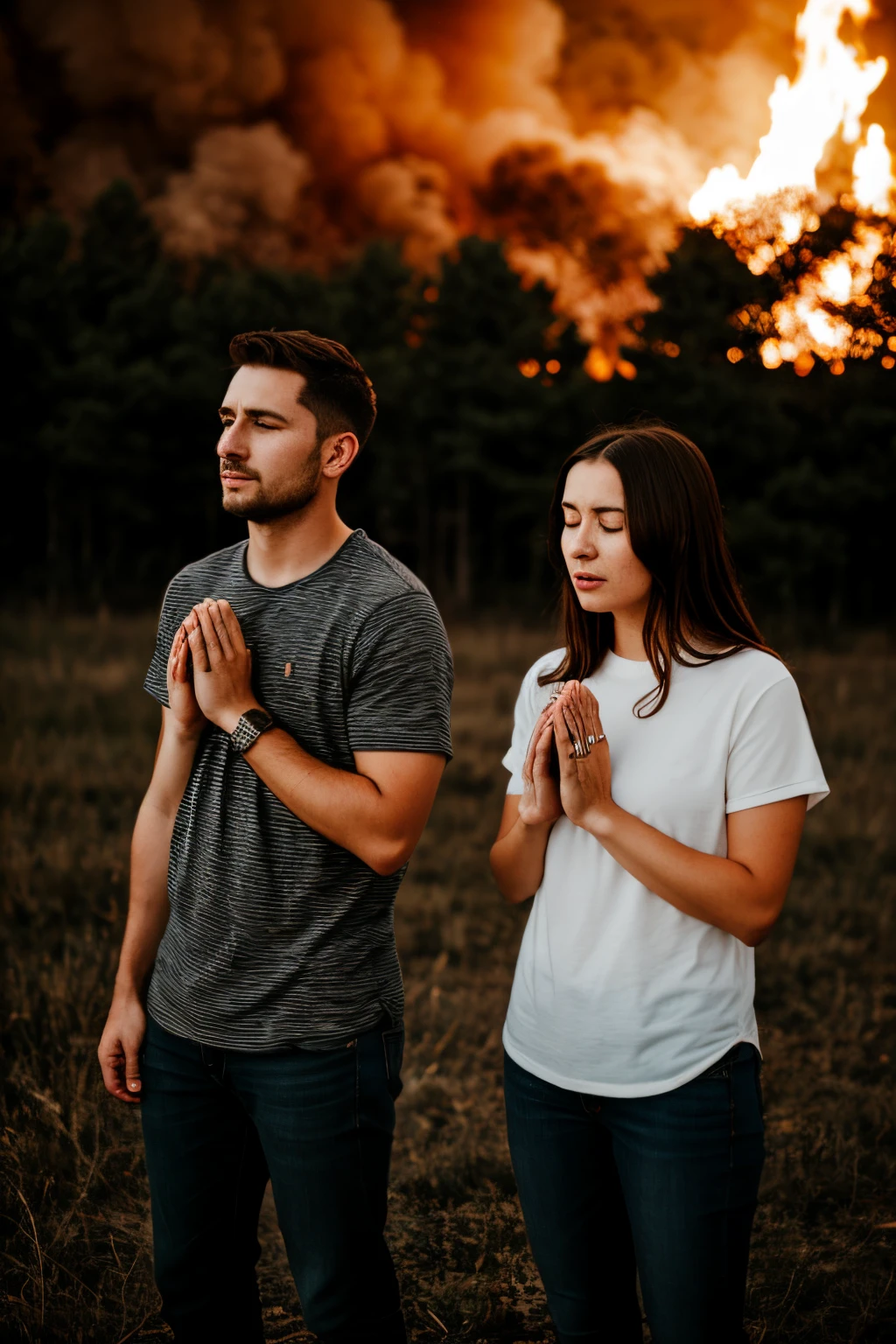 two people gathered to praise God, praying, realistic image, realistic fire, lots of details.