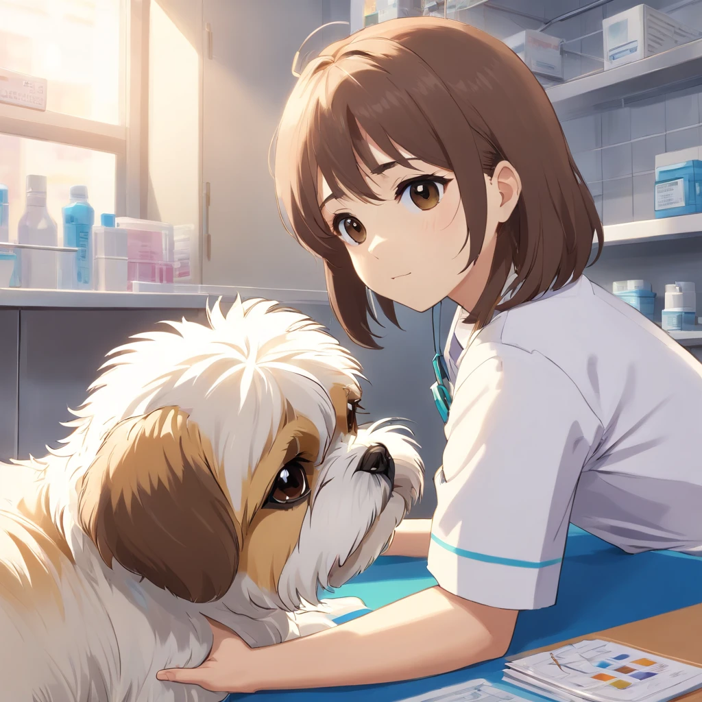 Shih Tzu consultado en el veterinario , blanco, una machita marron en la espalda,