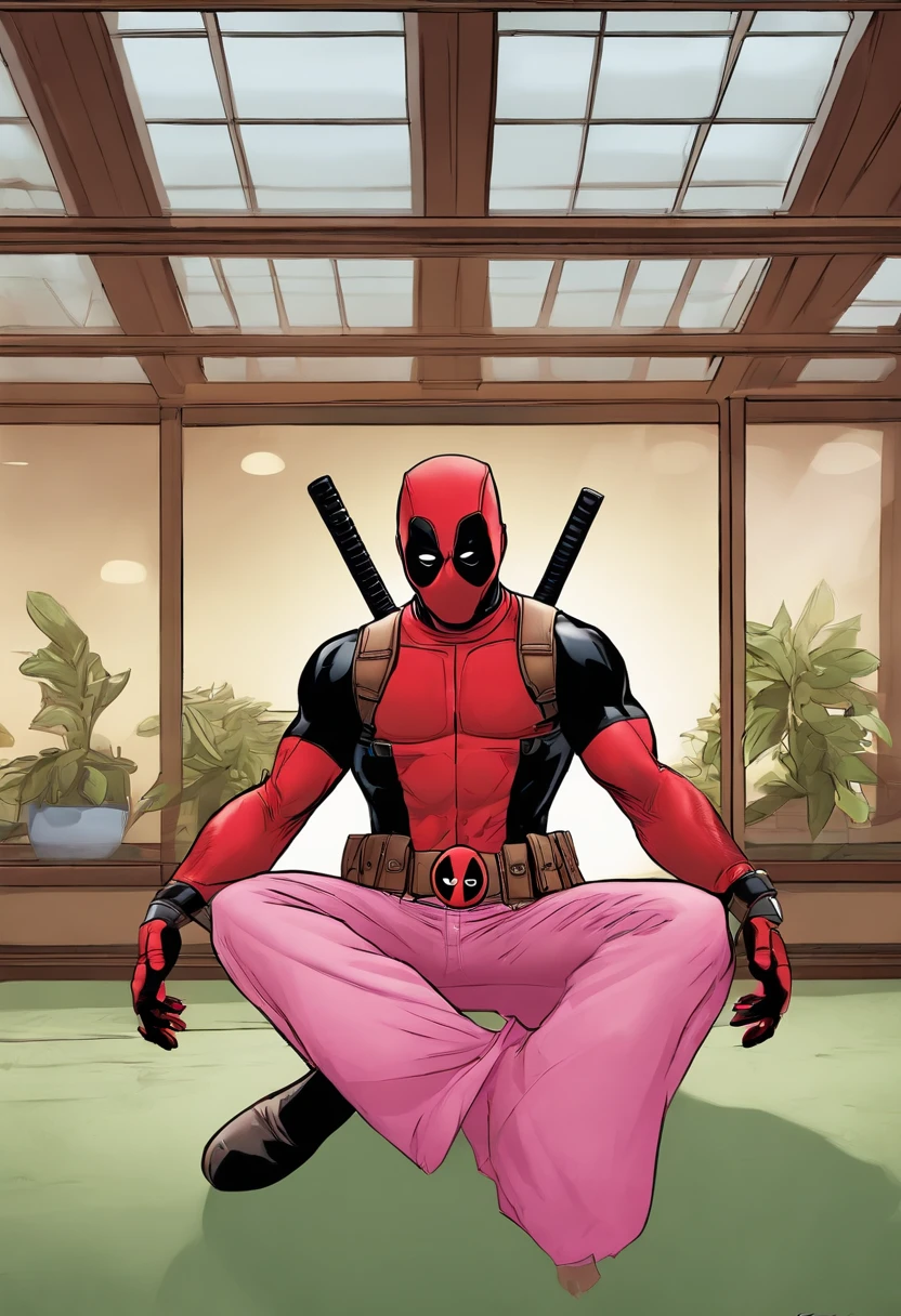 Deadpool crashing a yoga class in a pink tutu and cowboy hat,Deadpool,Deadpool, the unconventional anti-hero from Marvel Comics, is known for his distinctive red and black suit, complete with a mask that covers his entire face, hiding his disfigured skin caused by advanced cancer and experimental healing factor. His appearance is athletic and agile, suitable for his acrobatic fighting style. , male