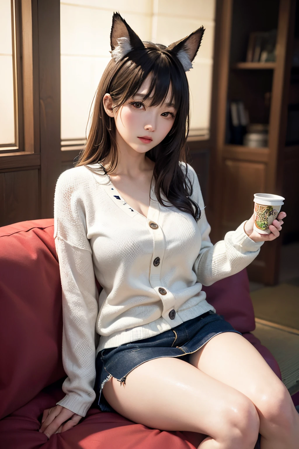 (Cinematic Digital Artwork: 1.3), High quality, masutepiece, of the highest quality, Super Detail, Illustration, [4K Digital Art]、 lndswgnr, (Sharp Focus: 1.5), (Moody lighting:1.2), depth of fields, Bokeh, 4K 、High resolution, ultra-detailliert, the Extremely Detailed CG Unity 8K Wallpapers, Realistic, Photorealsitic, Raw photo, beautifull detailed face, pale skin, realistic glistening skin, Detailed Cloth Texture, detailed hair texture, Perfect body, Beautiful face, acurate, Anatomically correct, Highly detailed face, Eye and skin texture, Natural neck length, (Beautiful eyes), (Beautiful hands), (Glossy skin:1.2), thin legs, Thin feet, Detailed people、A detailed face、细致背景、(Riho Yoshioka), 、Fox Woman、fox ear、Japanese house living room、Japanese style living room、Enter Kotatsu、white t-shirt and sweater cardigan、a miniskirt、eat donbei、eat cup noodles、