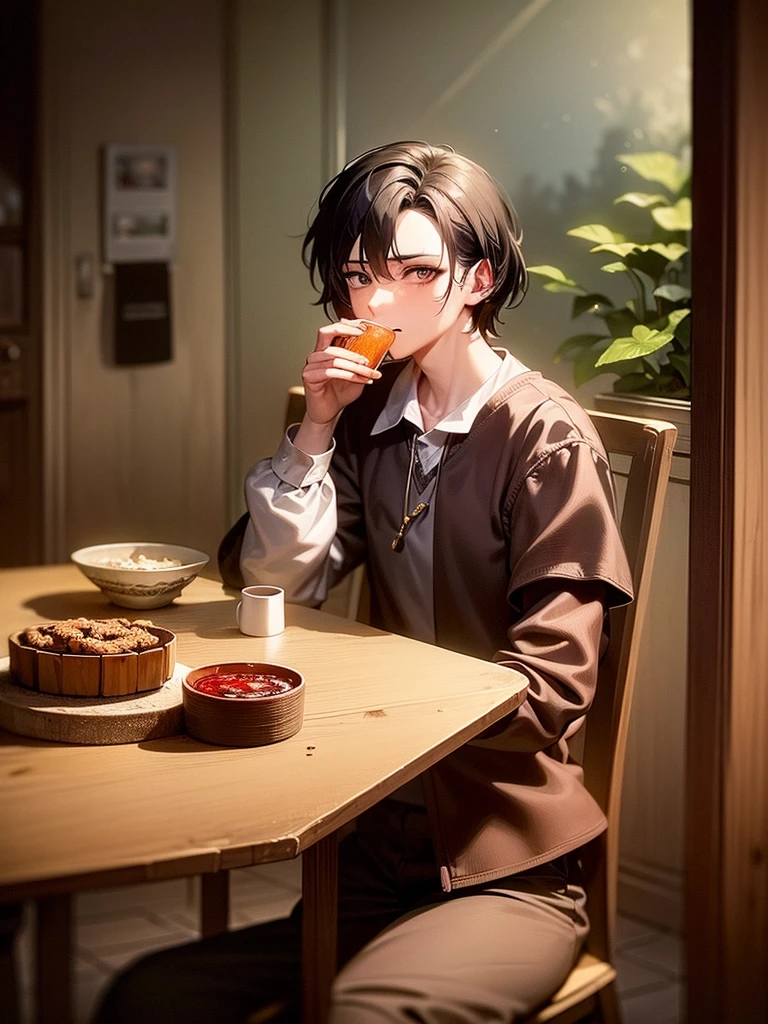 (Best Quality, Masterpiece:1.2), random guy, 20years old, a perfect face, sad face, sicko, sits on a chair, holding cup of tea, a table, table in front of him, jar of jam on the table, (pills on the table:1.1), rain outside the window, (thermometer on the table:1.1)