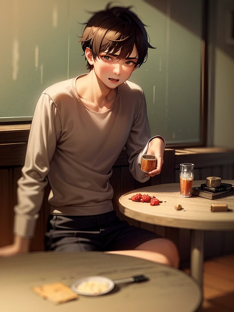 (Best Quality, Masterpiece:1.2), random guy, 20years old, a perfect face, sad face, sicko, sits on a chair, holding cup of tea, a table, table in front of him, jar of jam on the table, (pills on the table:1.1), rain outside the window, (thermometer on the table:1.1)