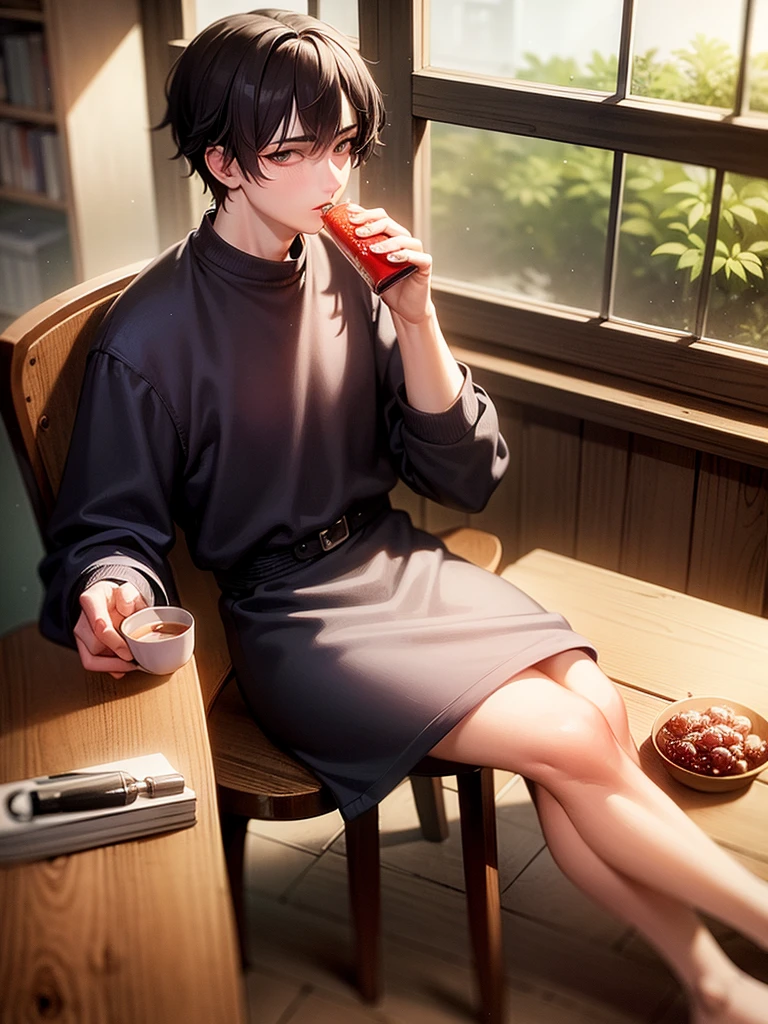 (Best Quality, Masterpiece:1.2), random guy, 20years old, a perfect face, sad face, sicko, sits on a chair, holding cup of tea, a table, table in front of him, jar of jam on the table, (pills on the table:1.1), rain outside the window, (thermometer on the table:1.1)