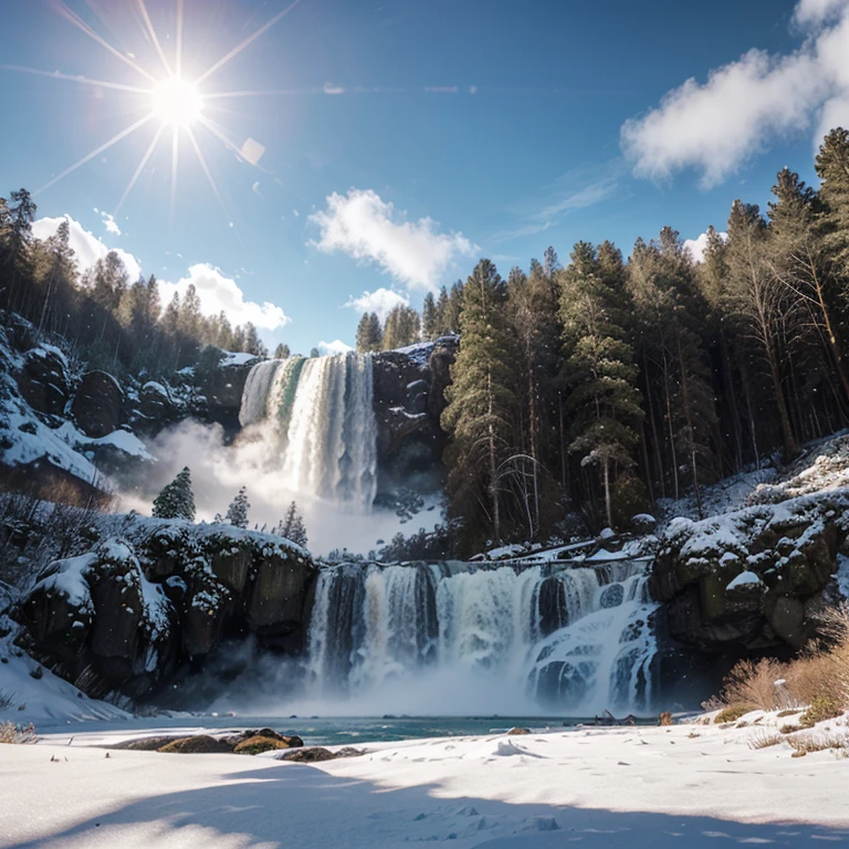 create an image of a dense forest, with waterfalls, snowy mountains, bright sun between clouds.(((realistic)))