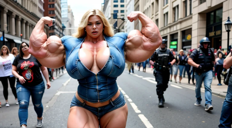 A HD 4K Photo of a beautiful, huge, enormous, buff, giant, Russian, Female bodybuilder, muscle goddess, huge arms and huge legs, giant boobs, enormous muscles, big beautiful eyes, long hair, walking barefoot at a protest in London, wearing a ripped denim jacket and ripped denim shorts, photorealistic