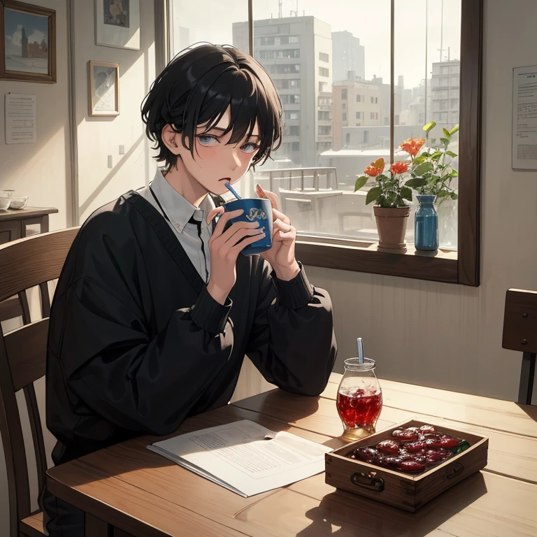 (Best Quality, Masterpiece:1.2), random guy, 20years old, a perfect face, sad face, sicko, sits on a chair, holding cup of tea, a table, table in front of him, jar of jam on the table, (pills on the table:1.1), rain outside the window, (thermometer on the table:1.1)