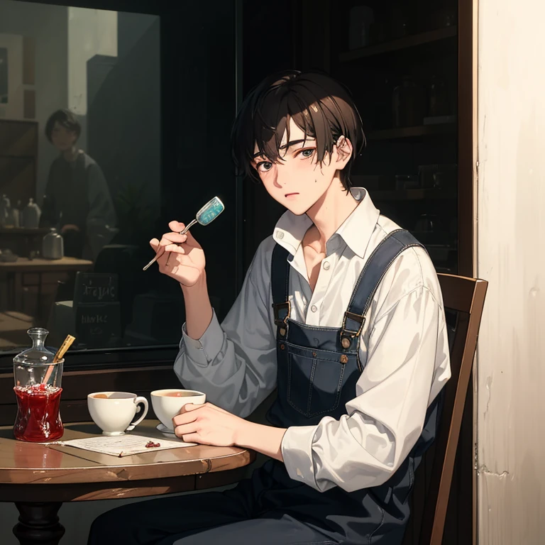 (Best Quality, Masterpiece:1.2), random guy, 20years old, a perfect face, sad face, sicko, sits on a chair, holding cup of tea, a table, table in front of him, jar of jam on the table, (pills on the table:1.1), rain outside the window, (thermometer on the table:1.1)