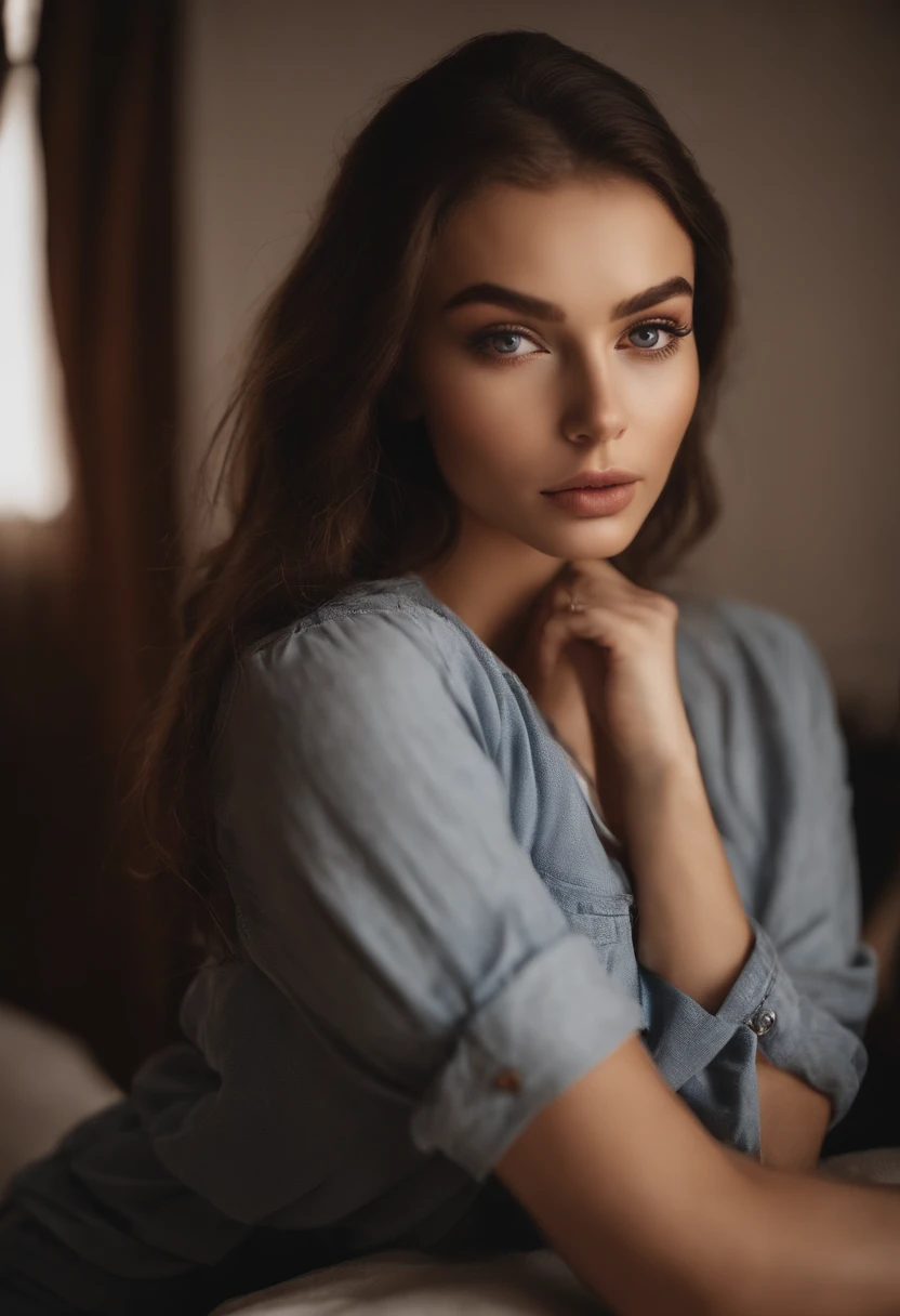 sexy girl with green eyes, portrait sophie mudd, brown hair and large eyes, selfie of a young woman, bedroom eyes, violet myers, without makeup, natural makeup, looking directly at the camera, face with artgram, subtle makeup, stunning full body shot, piercing green eyes, girl in jeans and jacket