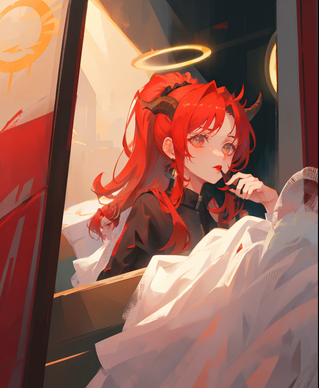 Anthropomorphic redhead goat as demon woman, red ponytail hair, halo, black soft horns, hand towel, bright crimson roko lipstick