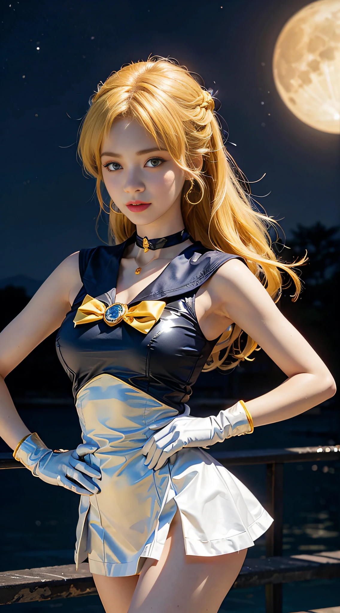 ((​masterpiece:1.4)、(top-quality:1.4)、(reallistic:1.7))、masuter piece:1.4、a beauty girl、(Sailor Moon:1.4)、Tsukino Usagi、Body Fit Sexy Sailor Senshi Uniform、(latex shiny)、(The jacket is a white sleeveless sailor suit)、(Skirt Blue Sexy Ultra Ultra Pleated Mini Skirt)、The collar of the sailor suit is blue with two thin lines.、high leg swimsuit、Red cloth ornament at chest、(Wearing white gloves)、Kawaii Girl、Super beauty、foco nítido、Portrait photos、(Perfect female body:1.4)、perfectly proportions、Upper body photography:1.4、美丽的面容、beautidful eyes、Narrow waist、beauty legs、(yellow  hair:1.4)、(length hair:1.2)、Beautiful udder、large full breasts:1.2、Sexy ass、Raw photo、red-lips、Red high heels:1.4、a choker:1.4、a necklace:1.4、耳环:1.4、Luxurious Golden Tiara:1.4、1 screen display、a moon、kosmos、spaceships、A space station、City of the Future