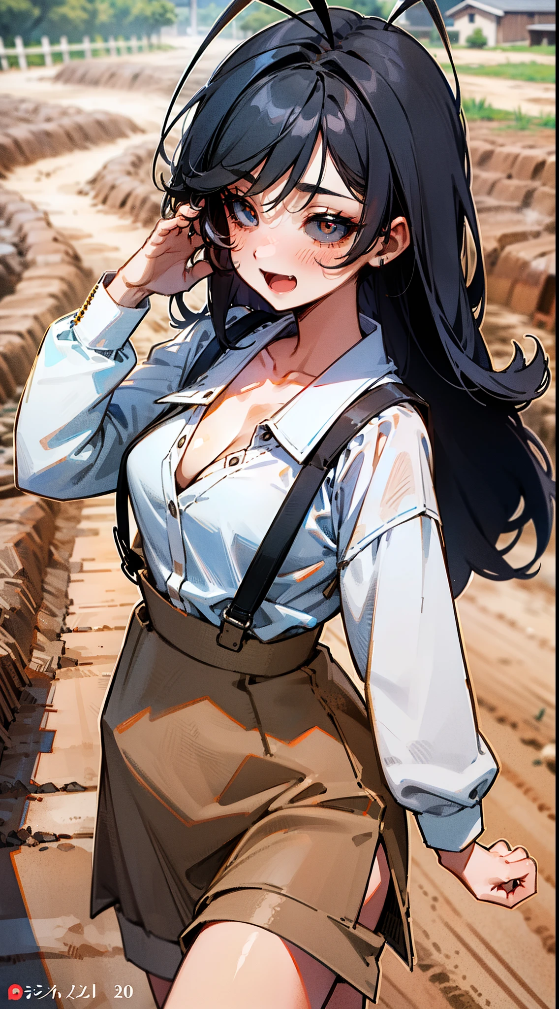 Original Character,8k, Masterpiece, Best Quality,Detailed, Beautiful Detailed Eyes, solo),mature female, fine skin,cleavage,blush,black eyes,black sclera,black hair,long hair,(hair 2antennas),white shirt,black japanese skirt,wearing suspenders,(((walking in a dirt road,in a village))),cowboy shot,smile, open mouth,a raised hand