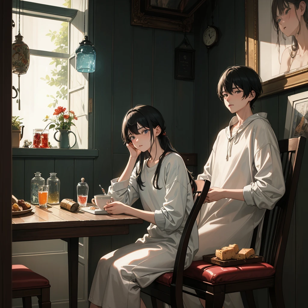 (Best Quality, Masterpiece:1.2), random guy, 20years old, a perfect face, sad face, sicko, sits on a chair, holding cup of tea, a table, table in front of him, jar of jam on the table, (pills on the table:1.1), rain outside the window, (thermometer on the table:1.1)