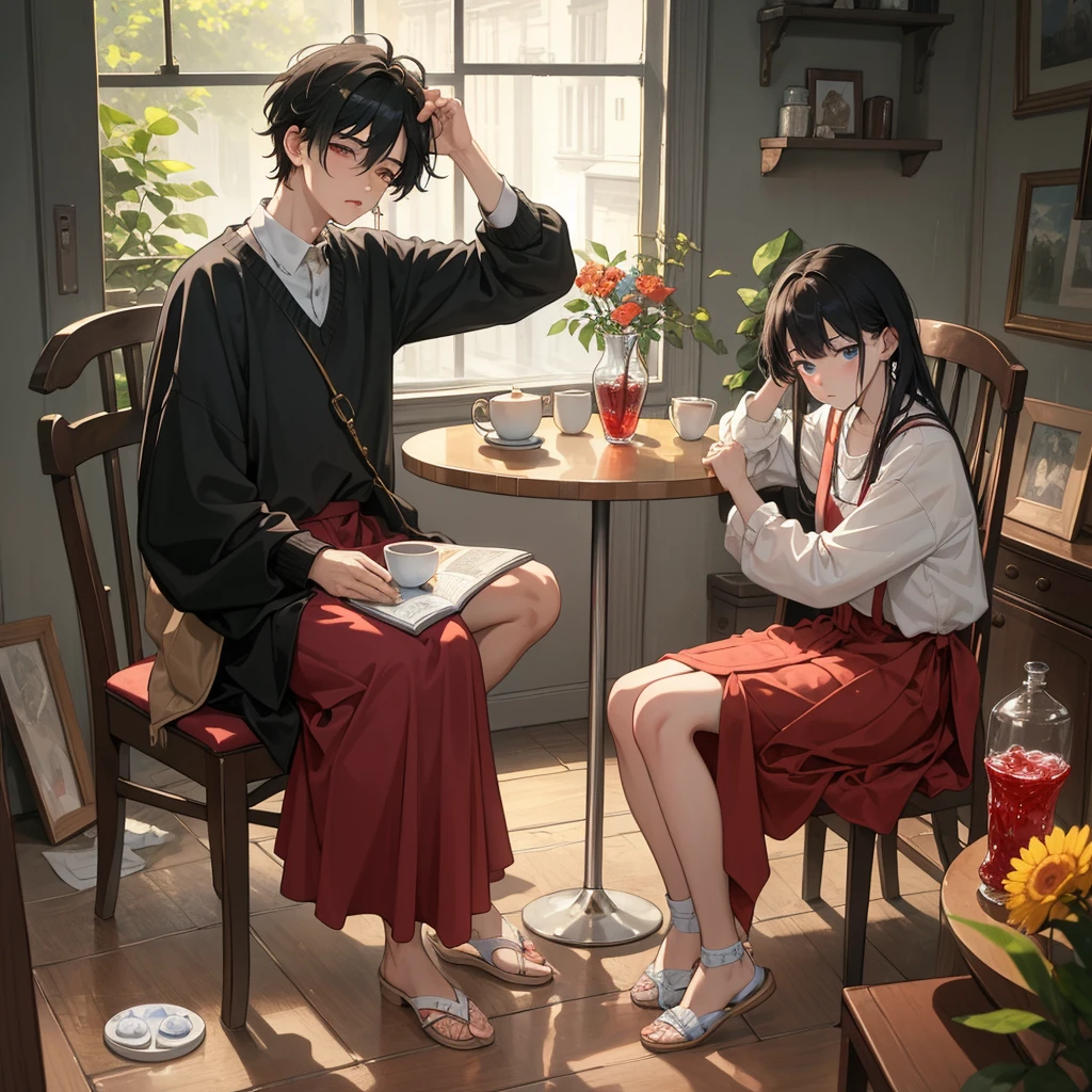 (Best Quality, Masterpiece:1.2), random guy, 20years old, a perfect face, sad face, sicko, sits on a chair, holding cup of tea, a table, table in front of him, jar of jam on the table, (pills on the table:1.1), rain outside the window, (thermometer on the table:1.1)