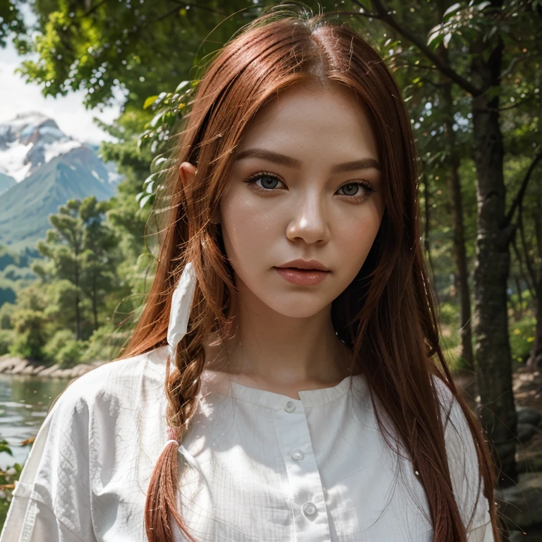 create an image, face, elven, white, long red hair, pink lips, Asian eyes, white clothes, in the distance a forest, with mountains and waters.(((realistic))).
