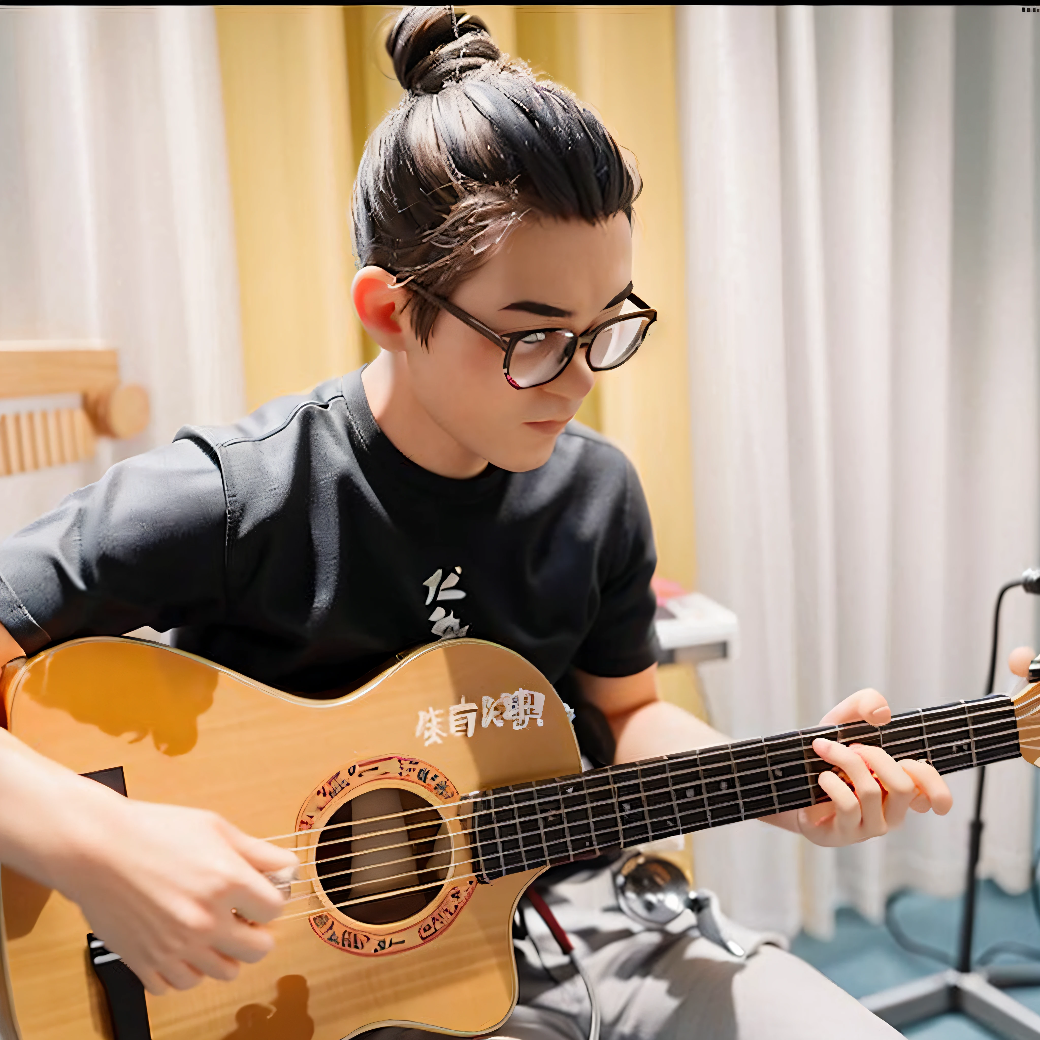 One with a bun、Man wearing plain black short-sleeved T-shirt sitting on high stool in recording studio,Playing a guitar with a "Carpe Diem" sticker in front of a stand mic., steve zheng, guitar solo, Shaw Peter, plays the guitar, Inspired by Diao Deqian, andrew thomas huang, While you still can,Gather rose buds,wears glasses,Carpe diem sticker on meatball head guitar