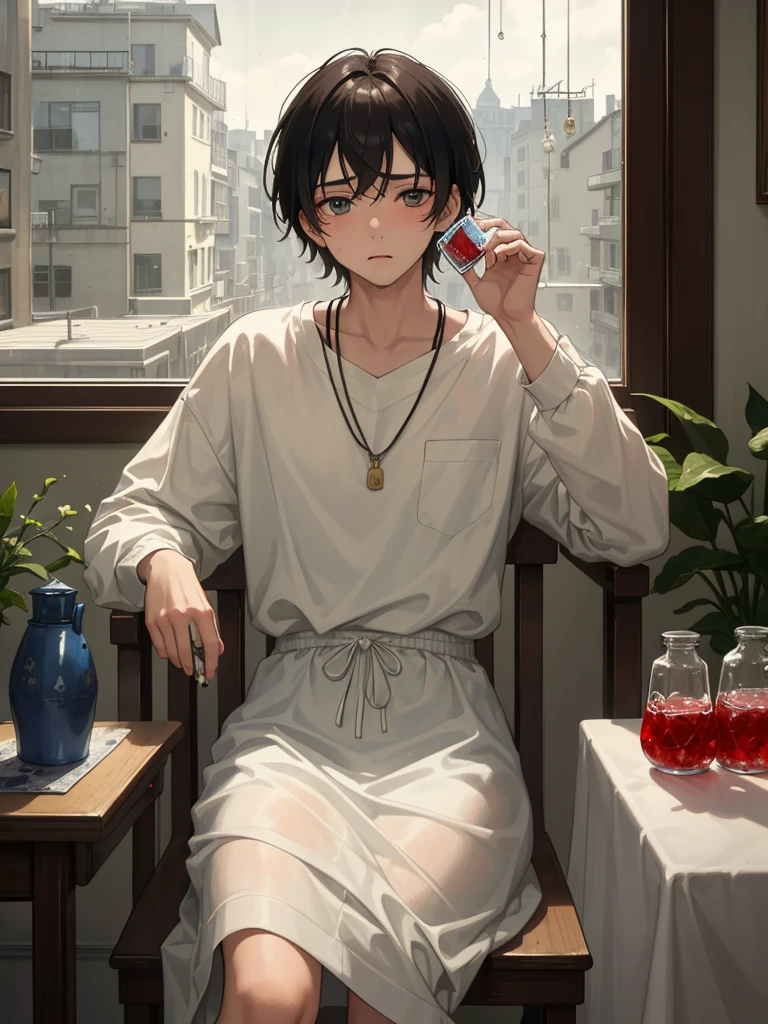 (Best Quality, Masterpiece:1.2), random guy, 20years old, a perfect face, sad face, sicko, sits on a chair, holding cup of tea, a table, table in front of him, jar of jam on the table, (pills on the table:1.1), rain outside the window, (thermometer on the table:1.1)