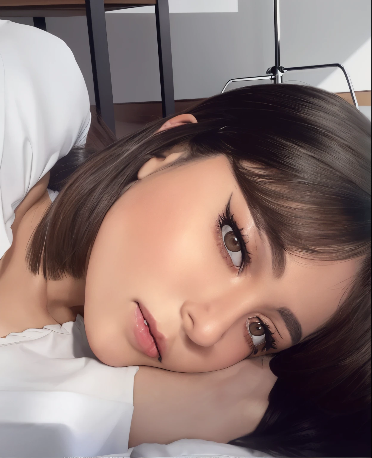 Hay una mujer acostada en una cama con una camisa blanca, maquillaje suave, Retrato suave disparado 8K, Sakimichan, 🤤 girl portrait, ulzzang, maquillaje ligero, short brown hair and large eyes, maquillaje sutil, brown hair and large eyes, con maquillaje profesional, Cara sexy con maquillaje completo, resplandeciente, Aspecto sensual, ojos profundos y encantadores