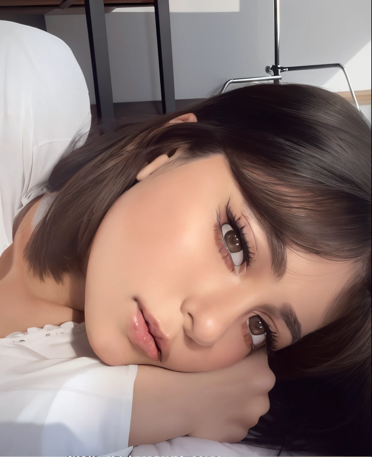 Hay una mujer acostada en una cama con una camisa blanca, maquillaje suave, Retrato suave disparado 8K, Sakimichan, 🤤 girl portrait, ulzzang, maquillaje ligero, short brown hair and large eyes, maquillaje sutil, brown hair and large eyes, con maquillaje profesional, Cara sexy con maquillaje completo, resplandeciente, Aspecto sensual, ojos profundos y encantadores