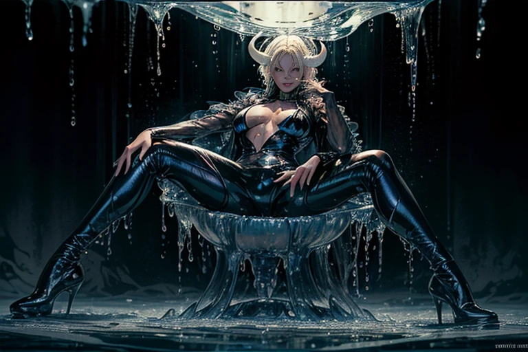 hermaphrodite, Androgynous succubus, (Erection - bulge only in the crotch 、fullbody, Feminine physique、Feminine face), (Seductive facial expressions,Poses to seduce) Wet hair, wet costume, (Wet and drenched by white clouded liquid:1.5), (8K High resolution, high-level image quality、high-detail),(Perfect face),(Liquid -like costume,melted:1.2, transparent:1.3)、Golden eyes、(Perfect arms, Perfect legs, Perfect fingers)、Dynamic Pose, Bewitching smile、long claws、piercings、The tattoo、Ruthless smile、Fur underwear、Demon Horns、tusk（Variations in hair color、Variations in skin color）