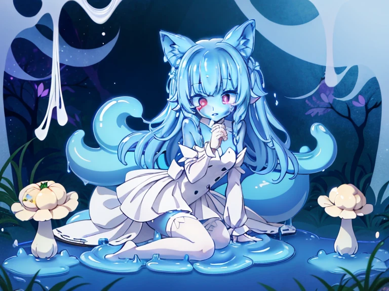 HDR, Excellent quality, 1. Slug Girl, white transparent body, transparent skin, translucent body, detailed slime body, (lying down:1.4) on the stomach, legs bent at the knees, petite curvy loli,one eye covered, Fox ears, Foxtail, short tail, One Tail, with a beautiful face, ssmile, woods