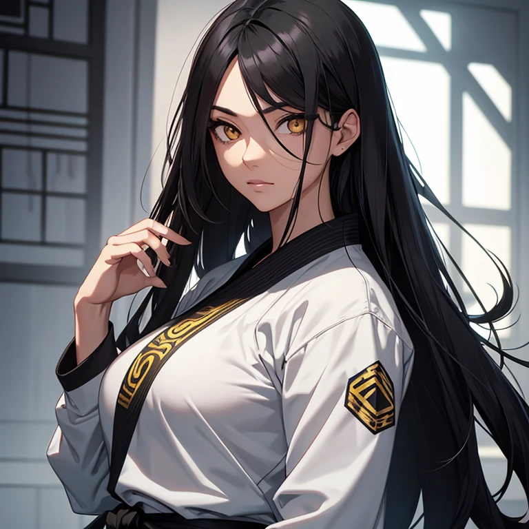 Women,black hair, golden eyes,toxic face posture,long hair,jiu jitsu kaizen art style