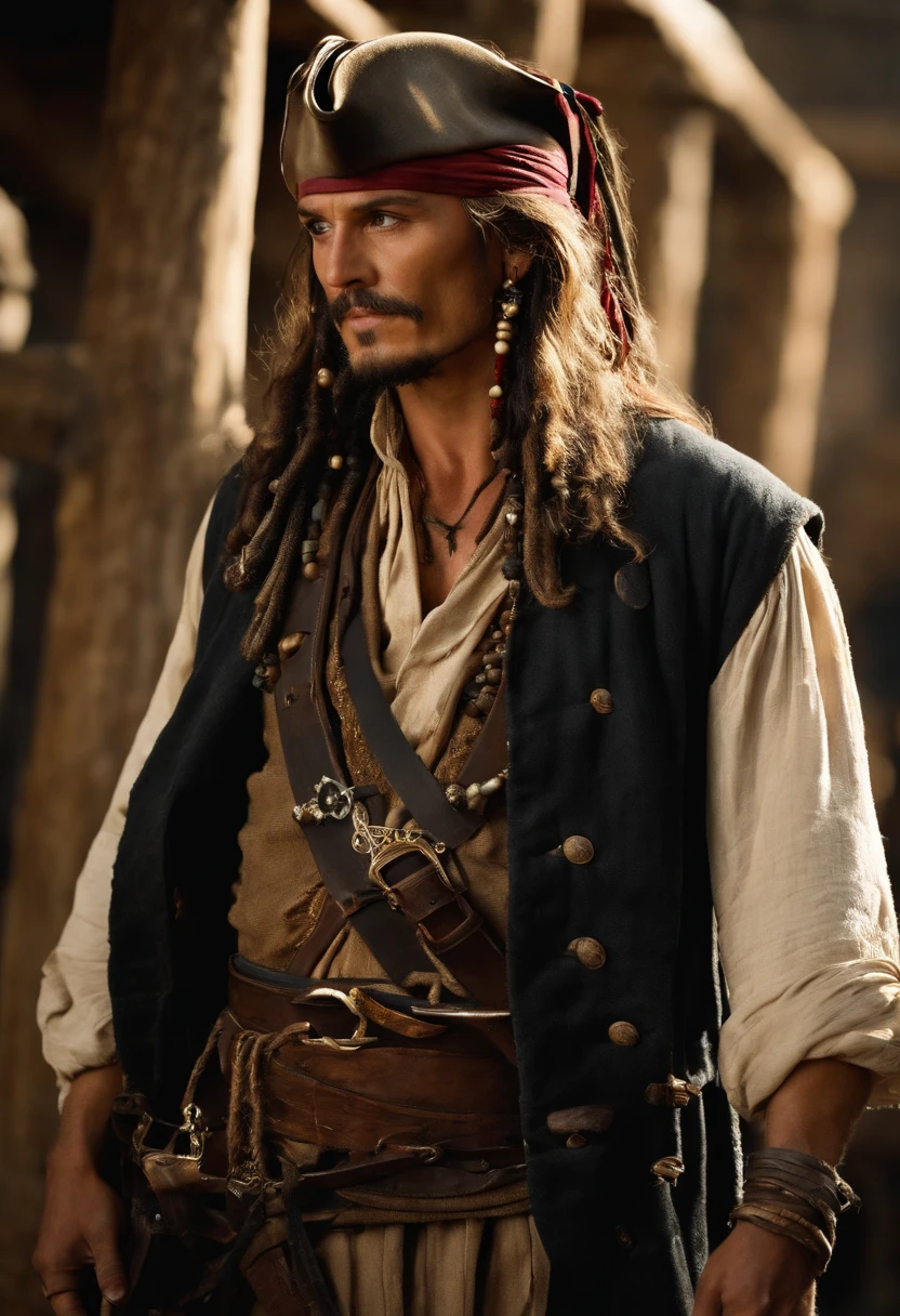 A photo of Jack Sparrow engaging in a spirited debate with a crew member, gesticulating animatedly as he makes a compelling point.,Pirates of the Caribbean: The Curse of the Black Pearl,
Jack Sparrow possesses a distinctive and memorable appearance, characterized by a blend of ruggedness, eccentricity, and a touch of flamboyance.
1. Facial Features: Jack's countenance is weathered and tanned, reflecting a life spent sailing under the sun. He has a well-defined jawline, typically adorned with a scruffy, unkempt beard that frames his face. His cheekbones are high, lending an air of sharpness to his features.
2. Hair: Jack's hair is long, dark, and unruly, falling in loose, wavy locks that cascade past his shoulders. His hair is often adorned with beads, trinkets, and small braids, giving it an eclectic and pirate-like flair.
3. Eyes: Jack's most striking feature is his intense, dark eyes, which hold a mischievous glint and a hint of mystery. They are framed by slightly arched eyebrows, adding to his enigmatic allure.
4. Accessories: Jack Sparrow is known for his eclectic array of accessories. He adorns his head with a worn, tricorn pirate hat, typically adorned with feathers or other embellishments. On his face, he sports a variety of smudged and smoky eye makeup, giving him a rakish and slightly disheveled appearance. His ears are often adorned with gold hoop earrings and other ornaments, adding to his pirate aesthetic.
5. Clothing Style: Jack's clothing style is a unique blend of tattered elegance and pirate flair. He wears layers of mismatched, worn garments that reflect his bohemian nature. His ensemble often includes a loosely fitted, open-front vest or jacket, adorned with intricate embroidery, fringes, and beaded details. Underneath, he dons a stained and rumpled, off-white linen shirt with billowy sleeves. Around his waist, he sports a wide leather belt with a large, ornate buckle. His trousers are loose and baggy, typically made of worn and faded fabrics. Completing his attire, he wears tall leather boots, scuffed and worn from countless adventures at sea.
6. Jewelry and Trinkets: Jack Sparrow is known for his love of accessories. He adorns himself with an assortment of necklaces, rings, and bracelets, often featuring charms, beads, coins, and other artifacts collected from his journeys. These trinkets jingle and clink as he moves, adding to his charismatic presence.
7. Swagger and Posture: Jack carries himself with a unique swagger, a graceful yet somewhat unsteady gait that reflects his carefree and unpredictable nature. His posture is relaxed, yet he exudes an air of confidence and self-assurance.
8. Complexion: Jack Sparrow's complexion is weathered and sun-kissed, bearing the marks of a life spent at sea. His skin has a slightly rough texture, indicative of exposure to the elements. Faint lines and wrinkles around his eyes and forehead hint at the experiences and hardships he has endured.
9. Teeth: Jack's teeth are a notable feature, often shown as discolored and uneven, reflecting a lack of proper dental care. Some of his teeth are missing, adding to his rugged and slightly unkempt appearance. However, despite their imperfections, his teeth are surprisingly functional, allowing him to flash a charismatic and mischievous grin.
10. Scars and Tattoos: Jack Sparrow's body is adorned with various scars and tattoos, each with its own story to tell. Scattered across his torso, arms, and back, these marks serve as reminders of past battles, encounters, and personal journeys. His tattoos, often faded and partially obscured, add an air of mystery and intrigue to his overall appearance.
11. Hands and Fingers: Jack's hands are weathered and calloused, a testament to a life of adventure and manual labor. His fingers are nimble and dexterous, capable of handling intricate tasks such as manipulating his beloved compass or wielding a sword with finesse.
12. Slight Dishevelment: Jack Sparrow's overall appearance carries an intentional sense of dishevelment. His clothing is intentionally rumpled and worn, with loose threads and frayed edges adding to his bohemian charm. His hair, although long and flowing, is intentionally unkempt, giving him a carefree and rebellious air.
13. Scent: A subtle scent of saltwater, mixed with a hint of rum and the faint aroma of exotic spices, lingers around Jack Sparrow. The combination of sea breeze, his own unique musk, and the scents of the places he has visited create an intriguing olfactory aura that accompanies his presence.
14. Body Language: Jack's body language is a key part of his overall appearance. He carries himself with a slightly slouched posture, giving off an air of nonchalance and relaxation. His movements are agile and fluid, reflecting both his experience as a sailor and his natural grace. He has a tendency to gesture with his hands while speaking, emphasizing his words and adding flair to his storytelling.
Jack's hair is long, dark, and possesses a wild, untamed quality that perfectly complements his roguish persona. It falls in loose, wavy locks that cascade past his shoulders, framing his face and adding to his air of rebellion and adventure.
The texture of Jack's hair is naturally thick and slightly coarse, giving it a rugged and tousled appearance. It appears to have a natural wave to it, creating a sense of movement even when he is still. His hair has a slightly unkempt quality, as though he rarely bothers with formal grooming routines.
While primarily dark in color, Jack's hair may also exhibit hints of deep brown or even strands of silver, indications of his age and the many experiences he has encountered throughout his life.
To further accentuate his pirate-like aesthetic, Jack adorns his hair with various accessories. Beads, trinkets, and small braids are often woven into his locks, adding a touch of eccentricity and individuality. These adornments dangle and sway with his movements, creating an audible jingle that further adds to his bohemian charm.
Despite its disheveled appearance, Jack's hair possesses a certain allure. It adds an air of nonconformity and a sense of carefree rebellion to his overall persona. His long, flowing locks become a visual representation of his untamed spirit and his refusal to adhere to societal norms.
Jack's ensemble consists of layers of mismatched and worn garments, reflecting his unconventional and free-spirited nature. His clothing exudes an air of adventure and captures the essence of a swashbuckling pirate captain.
Starting from the top, Jack often wears a weathered tricorn pirate hat. The hat is typically made of worn leather or fabric, with a wide brim that is slightly bent and adorned with feathers or other embellishments. It has a well-loved, lived-in appearance, reflecting Jack's countless escapades.
On his face, Jack sports smudged and smoky eye makeup, giving him a rakish and slightly disheveled look. The makeup adds to his mysterious aura and enhances his mischievous gaze.
Jack's upper body is typically adorned with a loosely fitted, open-front vest or jacket. The garment is often made of worn and faded fabrics, such as leather, canvas, or velvet. It may feature intricate embroidery, fringes, or beaded details, showcasing his bohemian sense of style. The jacket has a well-worn appearance, with patches and repairs that bear testament to his adventurous lifestyle.
Underneath the vest or jacket, Jack wears a stained and rumpled, off-white linen shirt. The shirt has billowy sleeves that gather at the wrists, adding a touch of romanticism to his attire. The fabric is lightweight and breathable, suitable for the warm climates often encountered during his seafaring journeys.
Around his waist, Jack sports a wide leather belt with a large, ornate buckle. The belt serves both as a practical accessory and a fashion statement. It helps secure his trousers and provides a place to hang his various tools and weapons, such as his trusty compass or a small dagger.
Jack's trousers are loose-fitting and slightly baggy, allowing for ease of movement. They are typically made of worn and faded fabrics, such as linen or canvas, and may feature patches or repairs. The trousers often taper at the ankles and are tucked into his tall leather boots.
Completing his ensemble, Jack wears tall leather boots that have seen their fair share of adventures. The boots are scuffed and worn, reflecting the wear and tear of life at sea. They provide both protection and stability, enabling Jack to navigate various terrains with ease.
Overall, Jack Sparrow's clothing style combines elements of ruggedness, eccentricity, and a hint of romanticism. His attire reflects his bohemian spirit, his seafaring lifestyle, and his refusal to conform to societal norms. The combination of mismatched layers, worn fabrics, and unique accessories creates a visually striking and iconic look for the legendary pirate captain., male