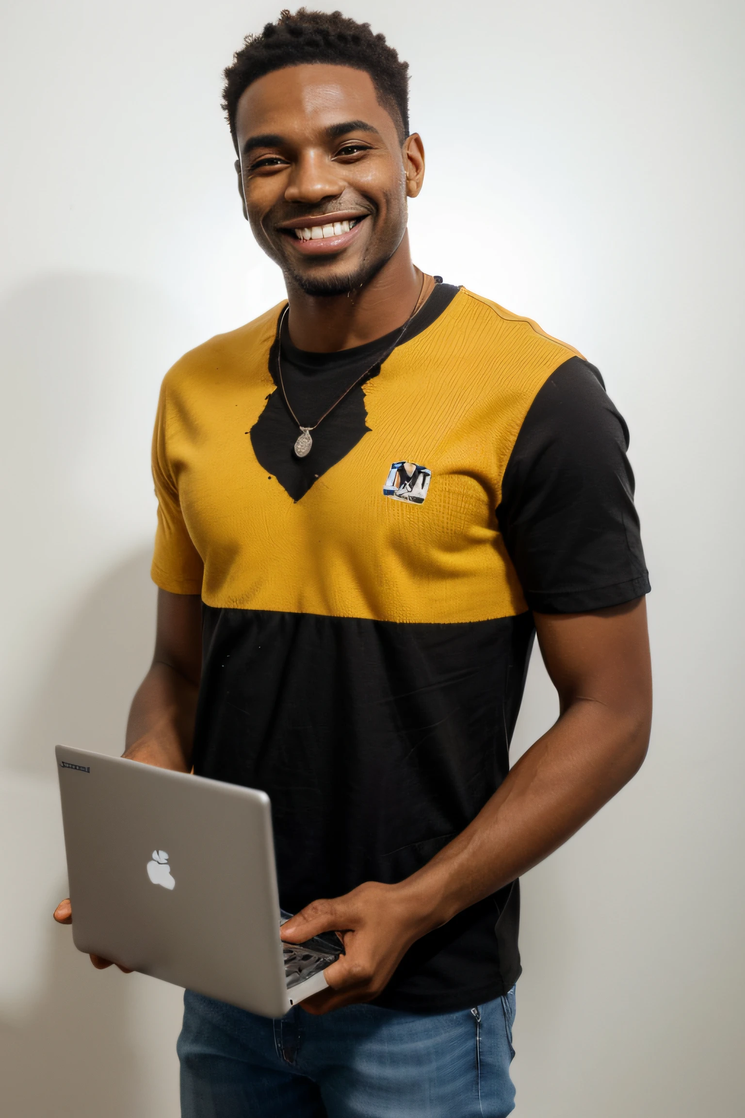 (um homem negro brasileiro sorridente segurando um laptop sobre um fundo branco),,Caractere detalhado,lindo sorriso detalhado,warm lighting,vivid colors,Realistic,Bokeh with neutral t-shirt and jeans