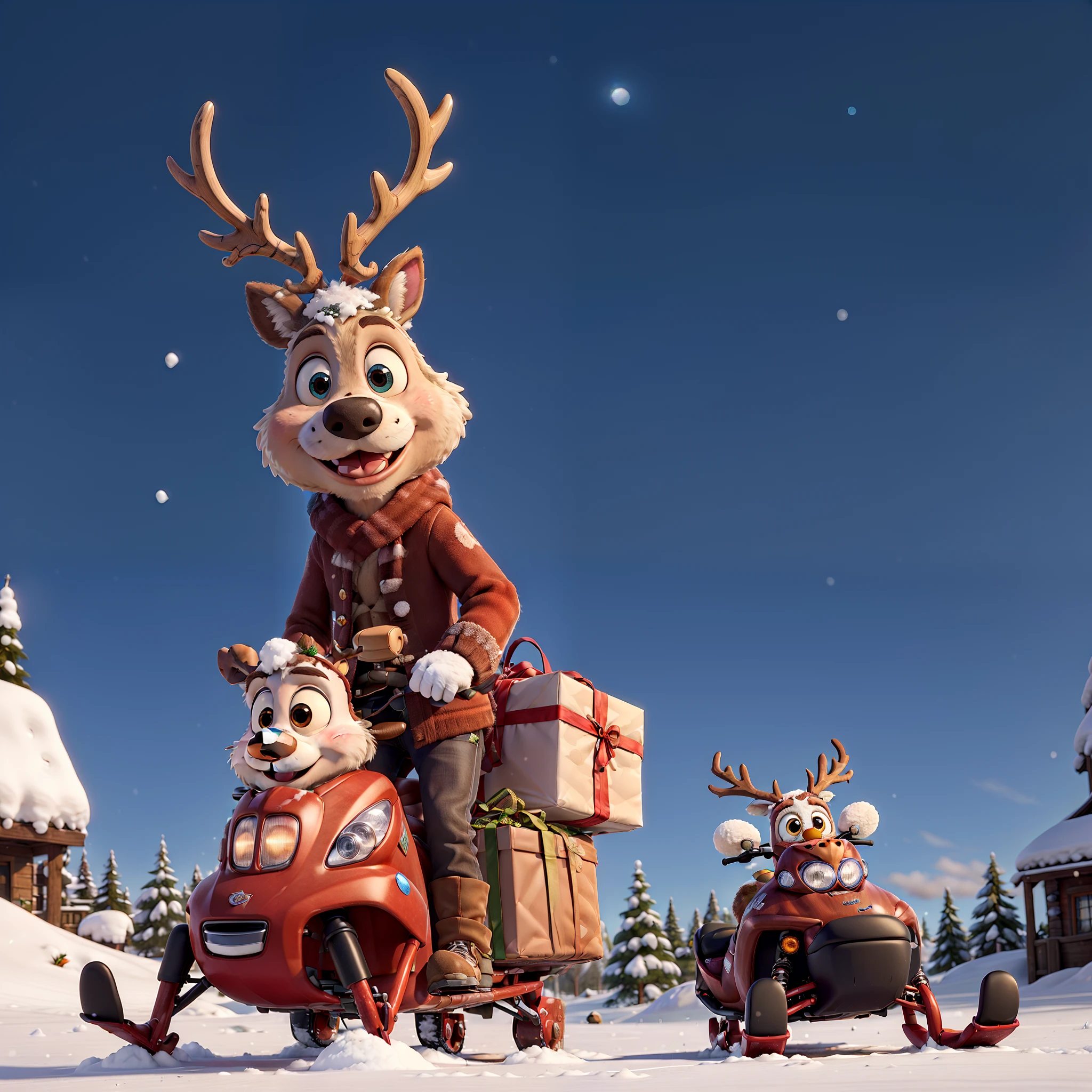 ((Best quality at best)), ((tmasterpiece)), (Detailed pubic hair), Perfect face 45 degree view of a cute reindeer courier in Disney cartoon style riding a snowmobile on the snow carrying a big gift bag
