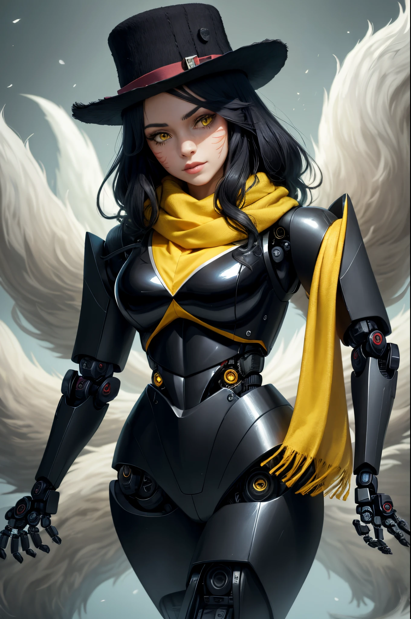masterpiece, best quality, 1girl, IncrsAhri, multiple tails, fox tail, (robotic features, a black suit, a bowler hat, and a yellow scarf:1.4)