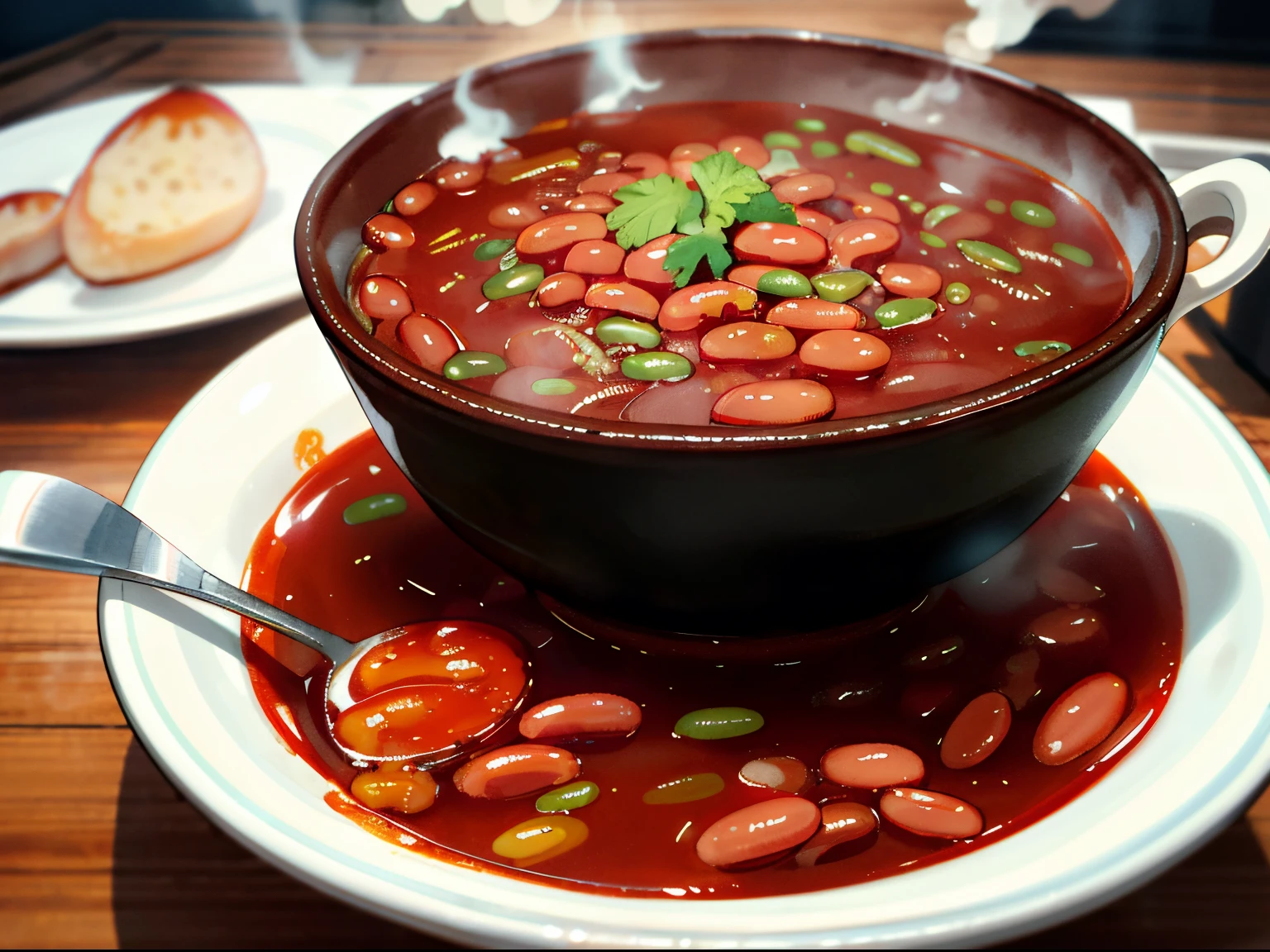 worth a bowl of soup, from which a lot of steam comes out, bean, sup, Chile, super realistic food picture, Sugetsu, good soup, chock full of baked beans, [ foto realista ]!!, Semi-realistic render, soft - warm, baked beans, high quality food photography, baked beans, photoreal render