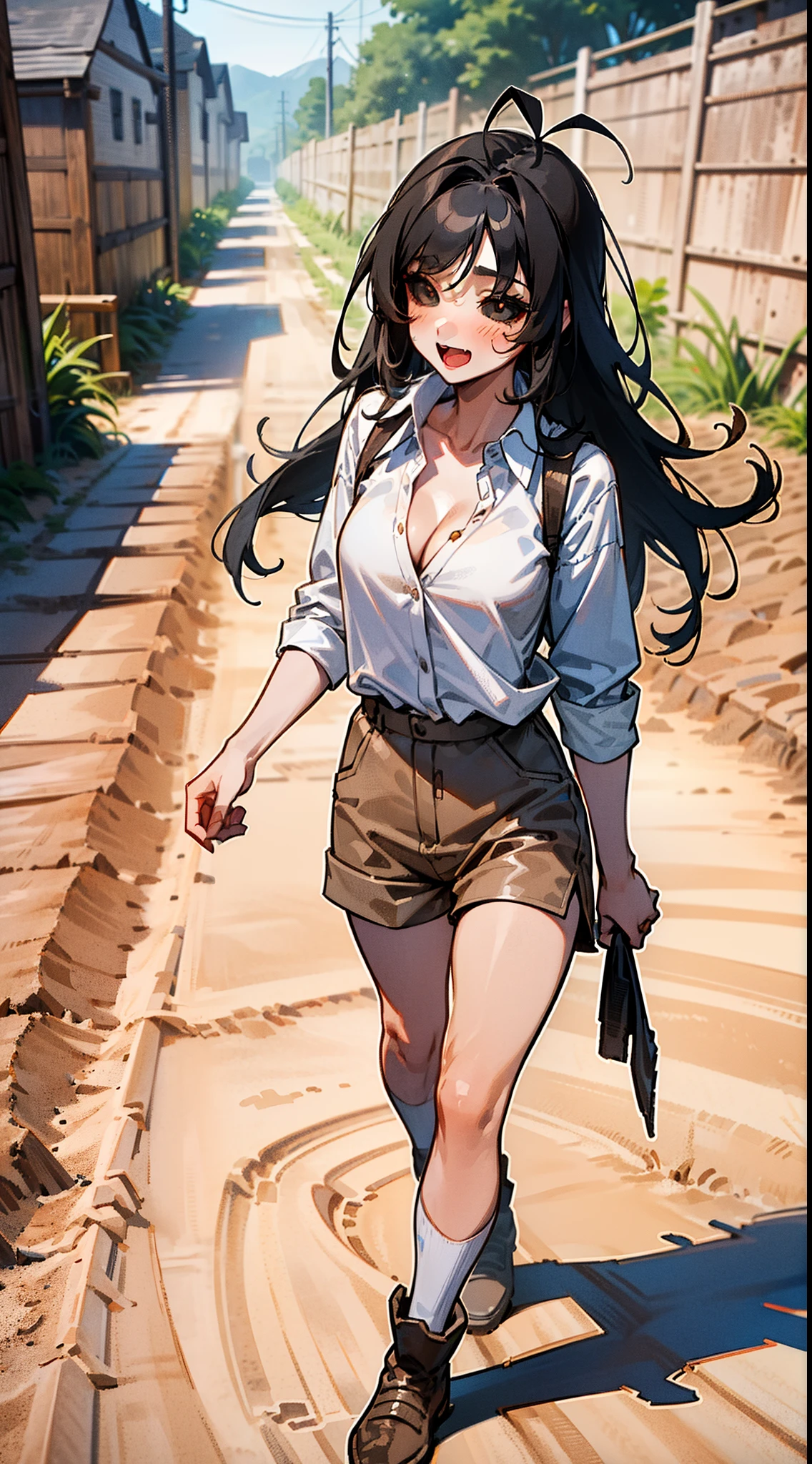 Original Character,8k, Masterpiece, Best Quality,Detailed, solo),mature female, fine skin,cleavage,blush,black eyes,black sclera,black hair,long hair,(hair 2antennas),white shirt,brown shorts,(((walking in a dirt road,in a village))),cowboy shot,smile, open mouth,