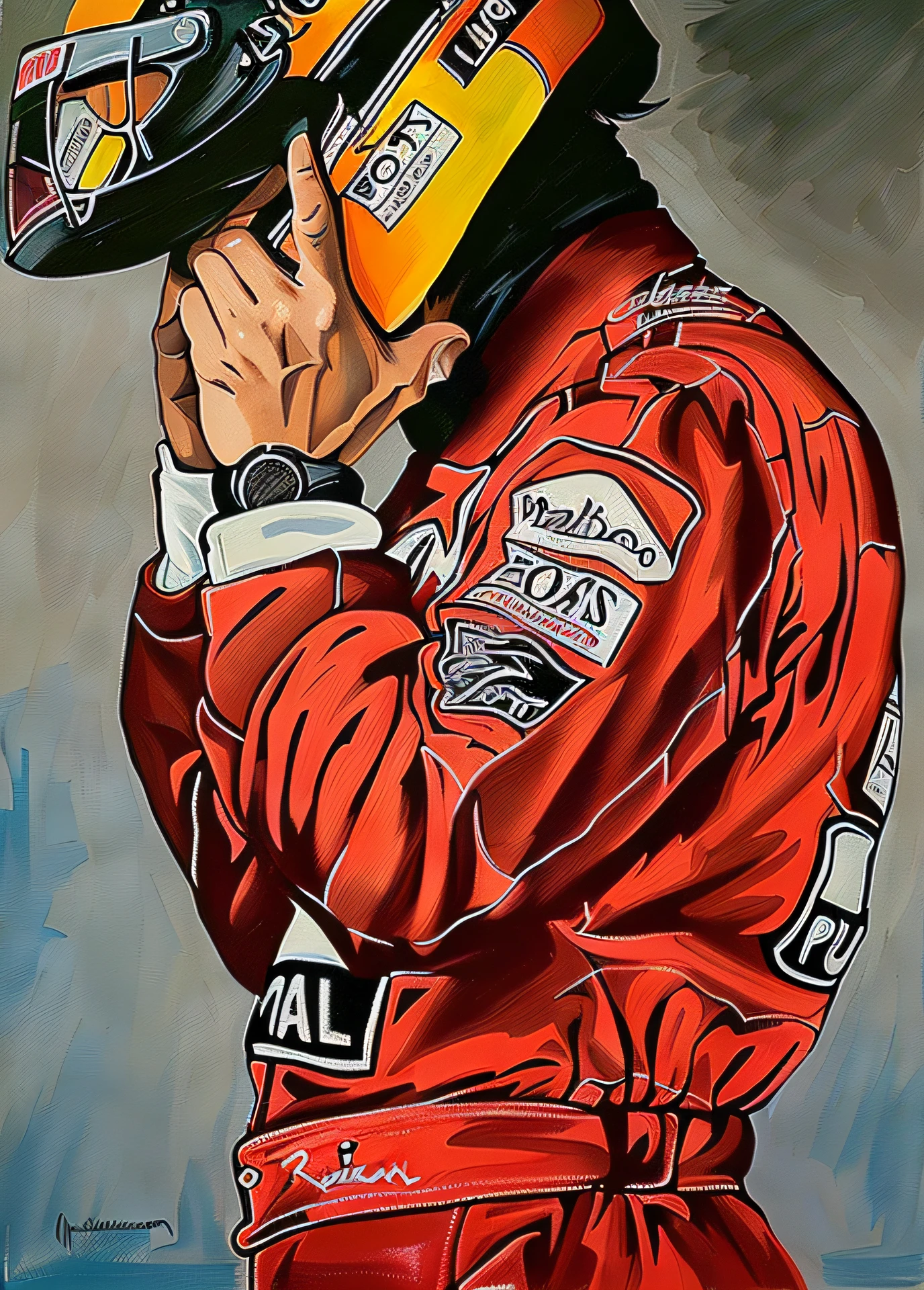 Painting of a man in a red racing suit and helmet - SeaArt AI