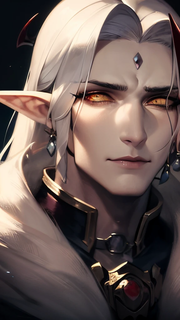 close-up of a man with long white hair and horns, fit male demon with white horns, a portrait of a male elf, with horns, beautiful male elf, highly detailed exquisite fanart, Long tail with horns, epic exquisite character art, affable, painted in the style arcane
