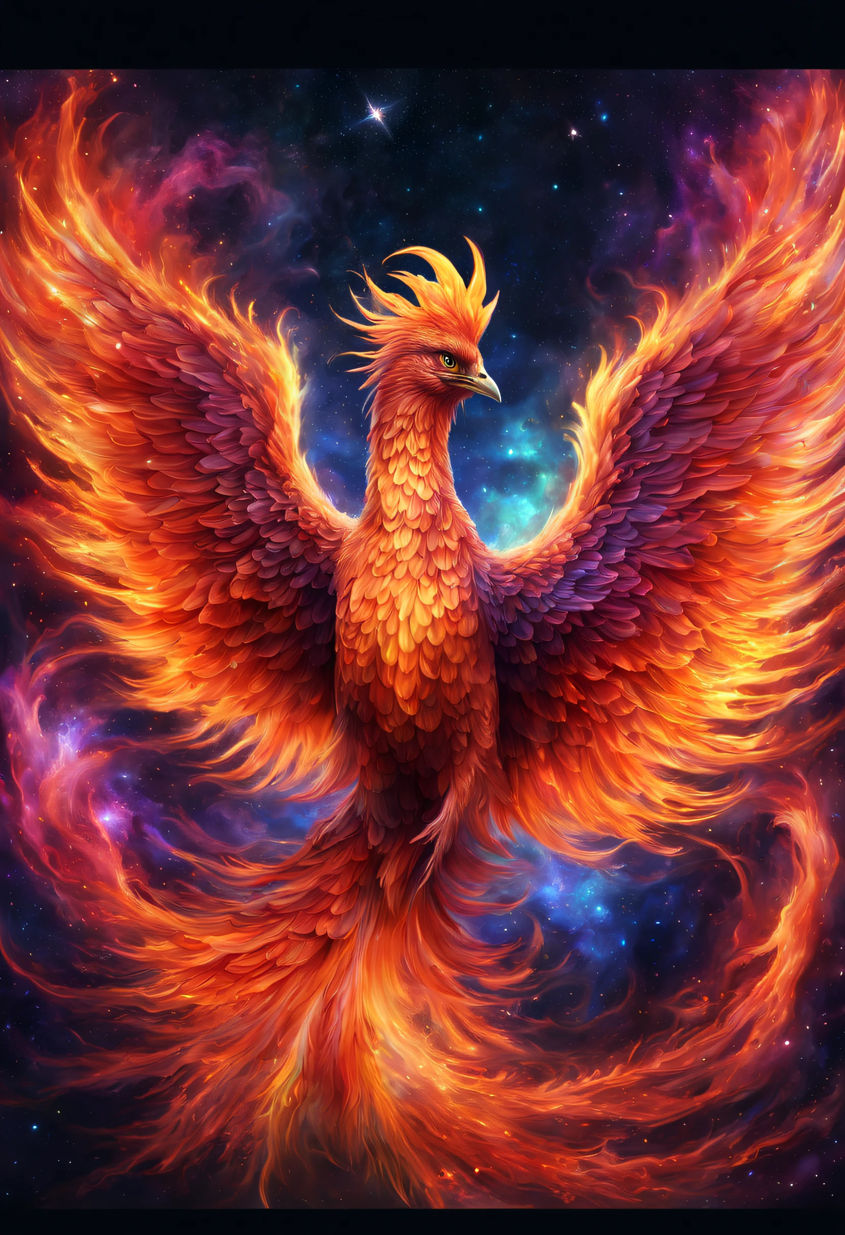 A realistic beautiful phoenix is reborn in the psychedelic fire storm , it has a very visible and lot of textured aura. the beautifull galaxy is visible and stars too