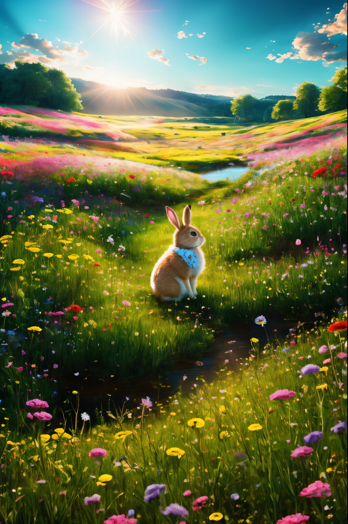 Bunny, big eyes, meadow with flowers flooded with light, hyper realisitc, detailing, hiquality, A sea of flowers,