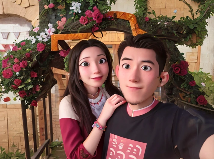 there are two people posing for a picture in front of a flower arch, lovely couple, couple, happy couple, with her long, tyler edlin and natasha tan, ruan jia and brom, profile photo, 2 8 years old, 2 9 years old, 2 7 years old, 🤬 🤮 💕 🎀, barabas miklos and hollosy simon