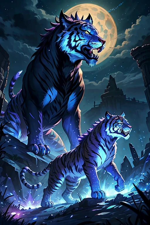 Strange monsters in a fantasy world，A group of saber-toothed tigers，long canine teeth，Strong limbs，Covered in blue flames，Covered with thick spikes，Moon Night，purple lightning wasteland，Highly detailed and ultra-realistic visuals，