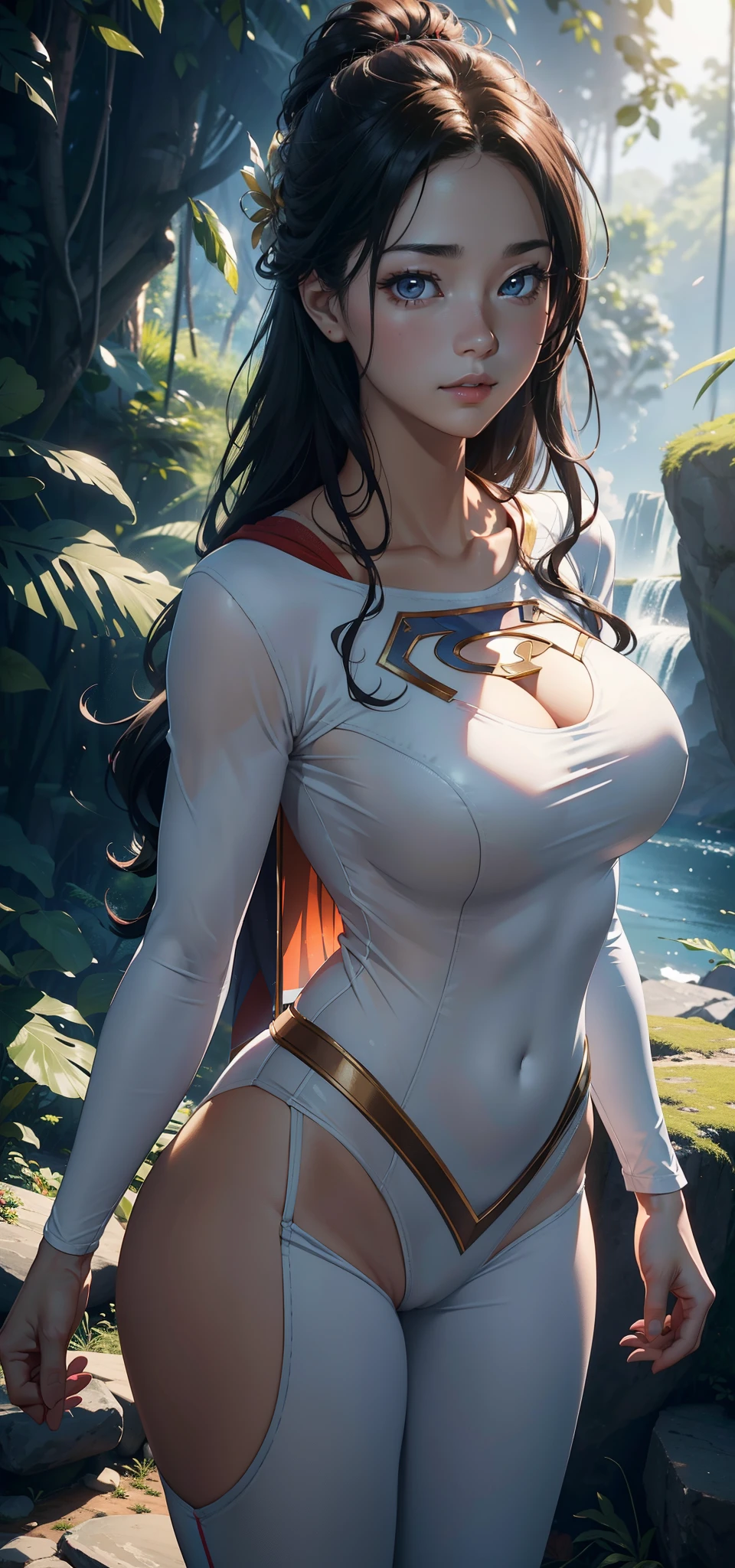1female,45 yers old,Married woman,熟妇,Large breasts,long leges,big chest and thin waist, photo exposure, 独奏,(Background with:at a forest,the rainforest,in summer) She has long black hair,Redlip,The stands up,seen from the front, curlies, The sky is mostly cloudy,(((tmasterpiece),(Very detailed CG unified 8k wallpaper),Best quality,电影灯光,detailed back ground,beautidful eyes,Bright pupils,(very delicate beautiful),(Beautiful and detailed eyes description),ultra - detailed,tmasterpiece,)),facing at the camera,A high resolution,ultra - detailed),Expose breasts exposed,Bare genitals, convex,Camel toes,Raised sexy,Supergirl(dressed in:,see-through shirts,White jumpsuit)Superman uniform