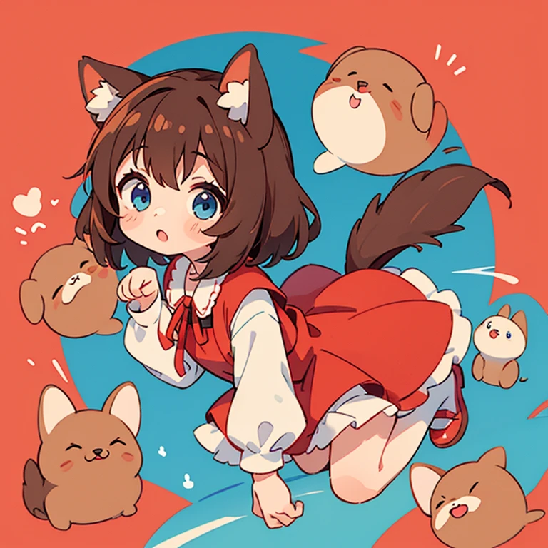 Chibi Character,1girl in,drooping dog ears、Dog tail、Solo,dog girl、Brown hair、blue eyess、tall,26-year-old girl,Thick contour lines,Anime style,Little Red Riding Hood's clothes、PAW Pose