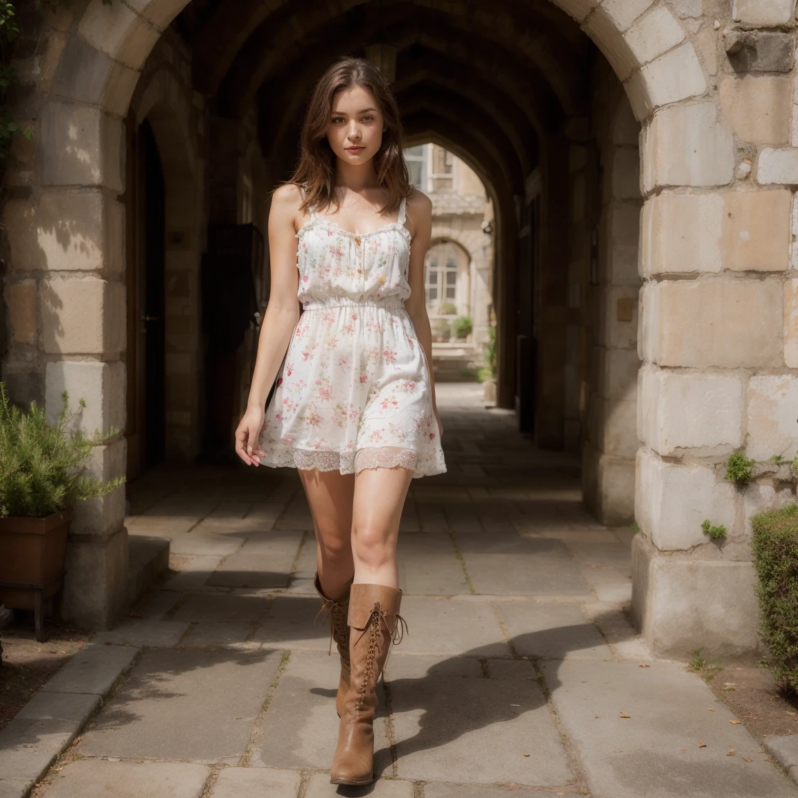 Beautiful woman waking through a castle , hyper detailed face, full figure , brown hair , wearing sundress and boots