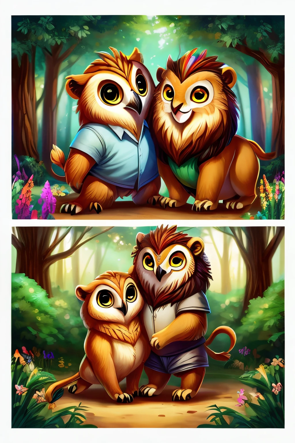 lion around a happy and colorful forest, com varios outros animais a sua volta, by his side his best owl friend talking and showing his friends how he knew how to dance