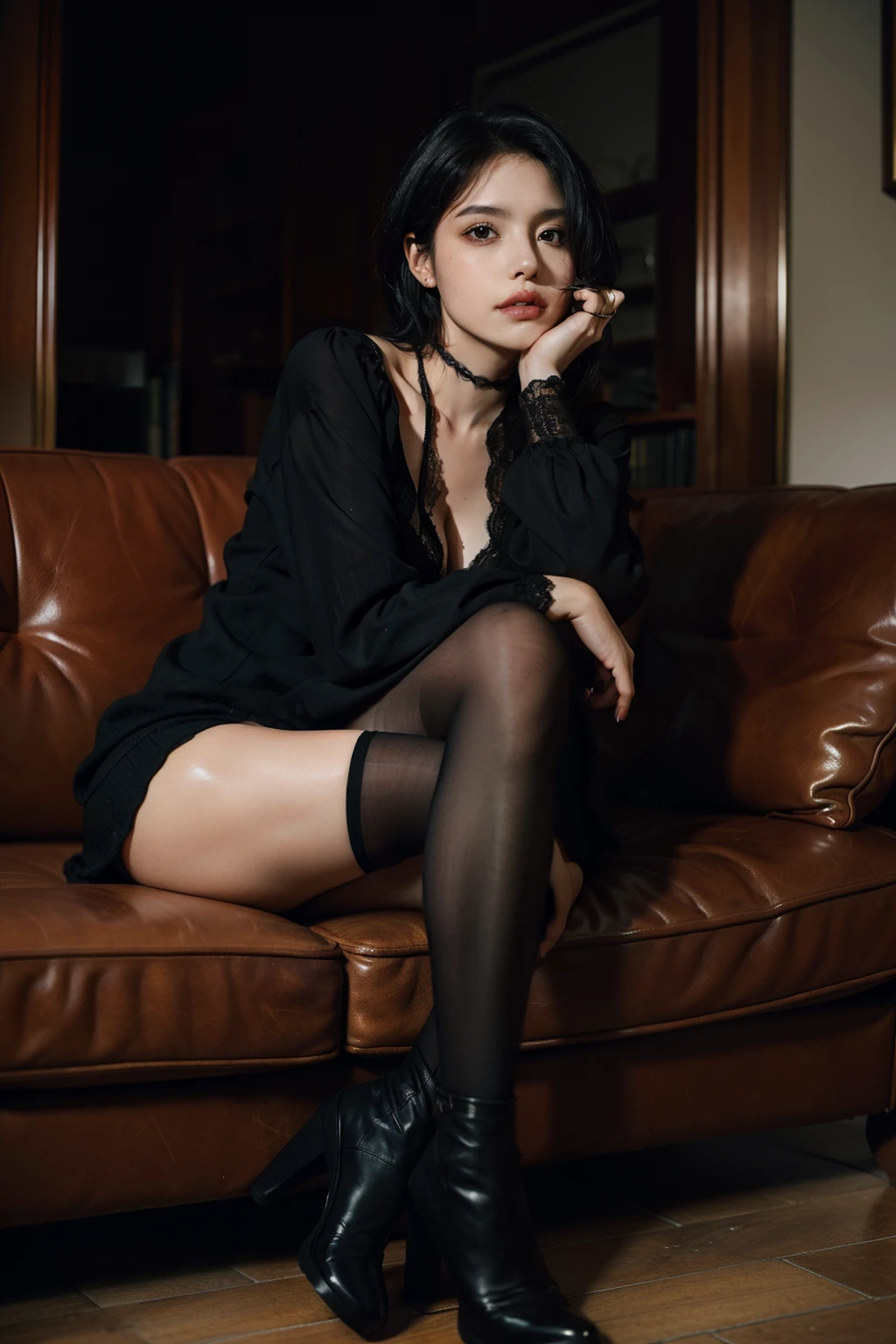 1mujer,sitting on a cozy sofa,Cruce de piernas,Gothic soft light short black hair