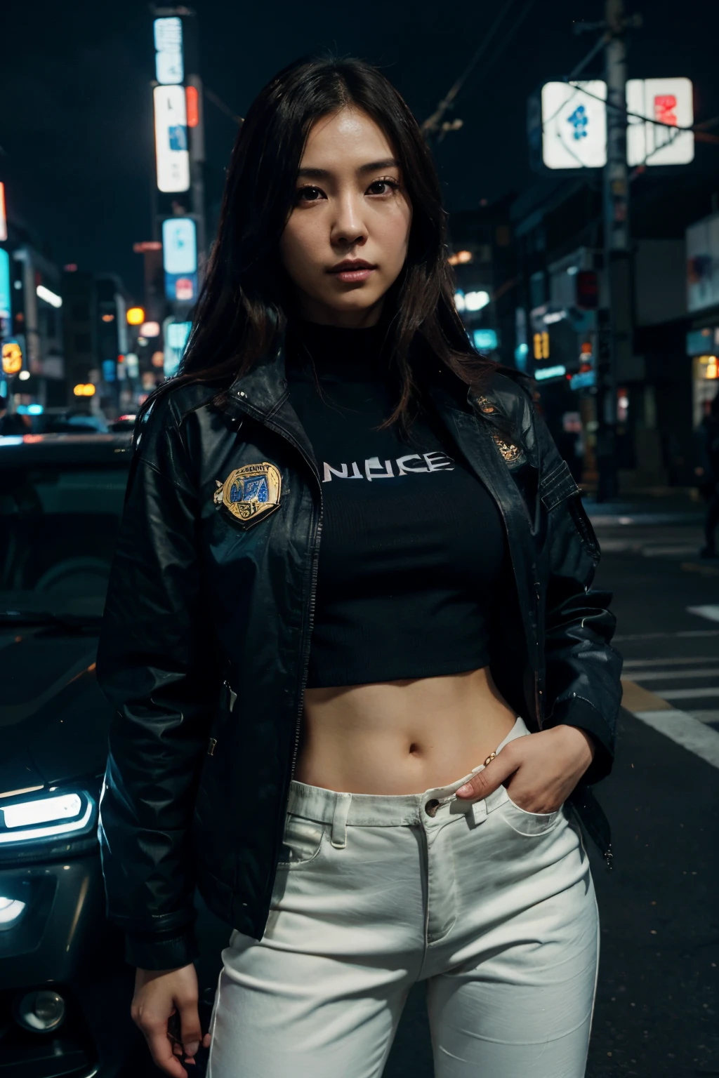 Japanese woman 30-35, with long brown hair, white shirt, black pants, dark blue jacket., Police, cop, detective, Night City, cyberpunk, night city police dept, cyberpunk 2077, night city