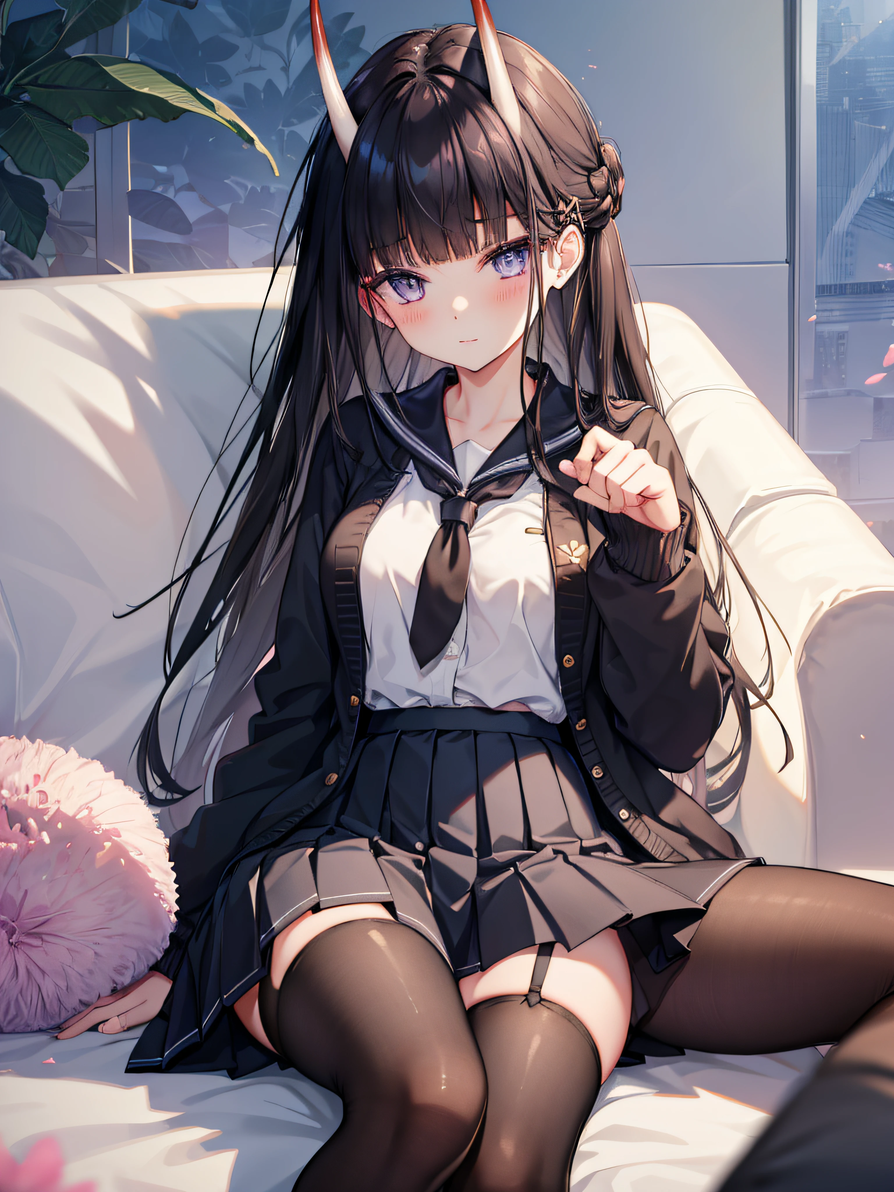 masterpiece, best quality, 1girl, solo, long hair, looking at viewer, skirt, black hair, school uniform, purple eyes, pantyhose, pleated skirt, horns, serafuku, cardigan, oni horns, open cardigan, black panty, floral lace undies, cameltoe, show panties, sitting sexily, open legs, spread legs, miniskirt, paw hand pose, sitting on couch, open legs sitting