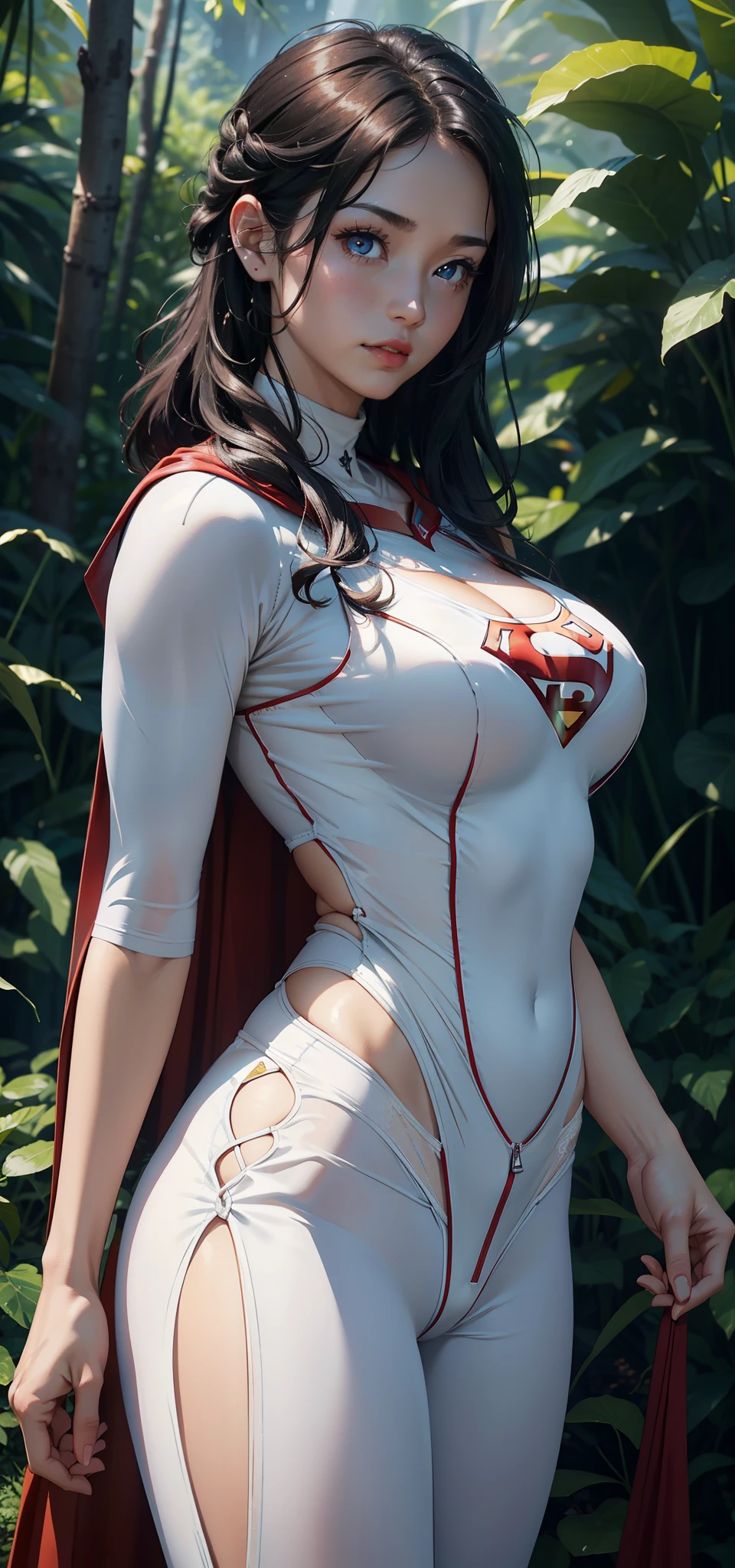 1female,45 yers old,Married woman,,Large brong leges,big chest and thin waist, photo exposure, 独奏,(Background with:at a forest,the rainforest,in summer) She has long black hair,Redlip,The stands up,seen from the front, curlies, The sky is mostly cloudy,(((tmasterpiece),(Very detailed CG unified 8k wallpaper),Best quality,电影灯光,detailed back ground,beautidful eyes,Bright pupils,(very delicate beautiful),(Beautiful and detailed eyes description),ultra - detailed,tmasterpiece,)),facing at the camera,A high resolution,ultra - detailed),Expose breasts eBare genitals, convexoes,Raised sexy,Sdressed in:,see-thgh shirts,White jumpsuit)Superman uniform