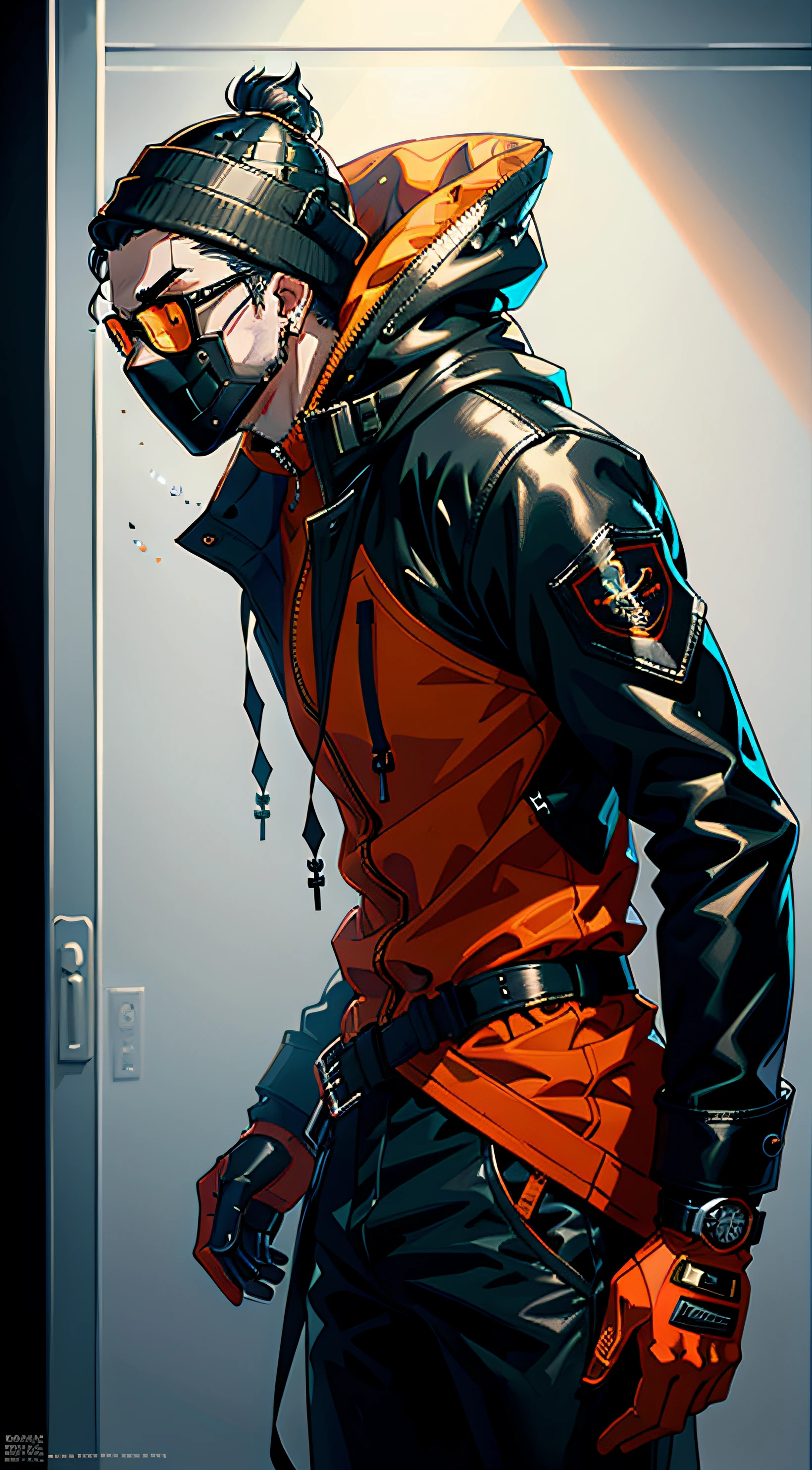 a Man , full body, prisoner clothing, cold, layers of clothes, bulky orange clothes, black details, futuristic clothes, inspired by Adrienn Henczné Deáki, pants, cold, orange ropa, hood, respiratory masks, protective glasses, hands tied, neck light ring, winter, high fashion, inspired by Olivia de Berardinis , artstation, conceptual art, soft, sharp focus, dramatic lighting, highly detailed art, cinematic, hyper realistic painting,